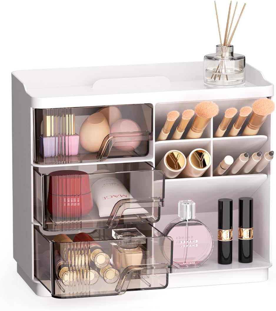 Makeup Organizer with Drawers, Multi-Function Vanity Organizer Countertop, Stackable Organizer for Makeup Brush Lipstick Skincare, White Makeup Organizer with Drawers, Multi-Function Vanity Organizer Countertop, Stackable Organizer for Makeup Brush Lipstick Skincare, White