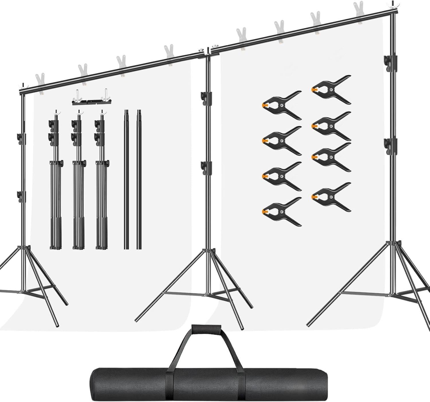 EMART Foto Hintergrund Ständer 3m x 6m, Verstellbarer Strapazierfähiger Hintergrundständer, Hintergrundsystem Fotostudio mit 8 Federklemmen, 1 Tragetasche für Studio Photo, Fotografie, Video, Hochzeit
