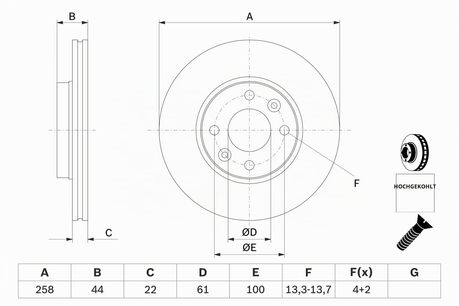 Bosch BD2117 Bremsscheibensatz - 258 mm belüftete Scheiben - Vorderachse - ECE-R90-zertifiziert - hohe Kühlleistung, verlässliche Bremsleistung, Korrosionsschutz - 1 Satz aus 2 Scheiben