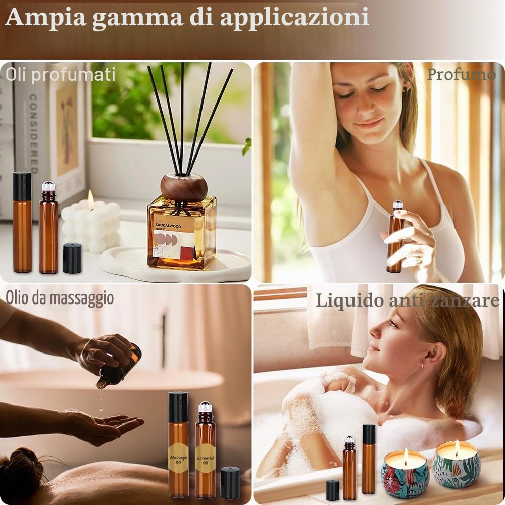 rollon oli essenziali, confezione di olio da 10 pezzi, colore marrone, bottiglia vuota da 10 ml, ricaricabili con sfera in acciaio inox, per oli, profumi, cosmetici, profumi, massaggi.
