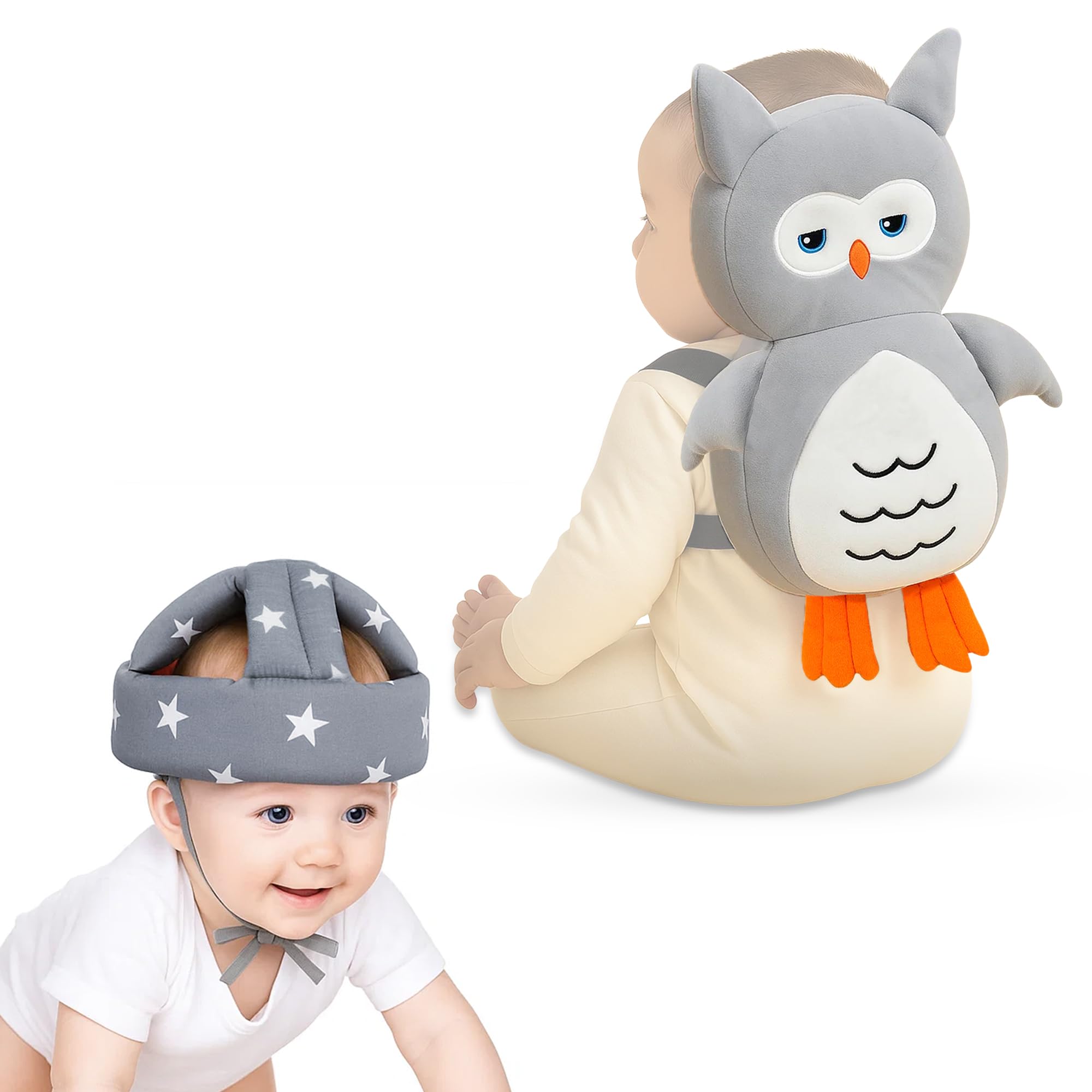 GLUN® Baby Back Protector with Head Protective Hat Combo Set, Cute Owl Shape Soft Cushioning, Adjustable Shoulder Belt, Head Protection Gear for 6-18 Month Toddler Kids