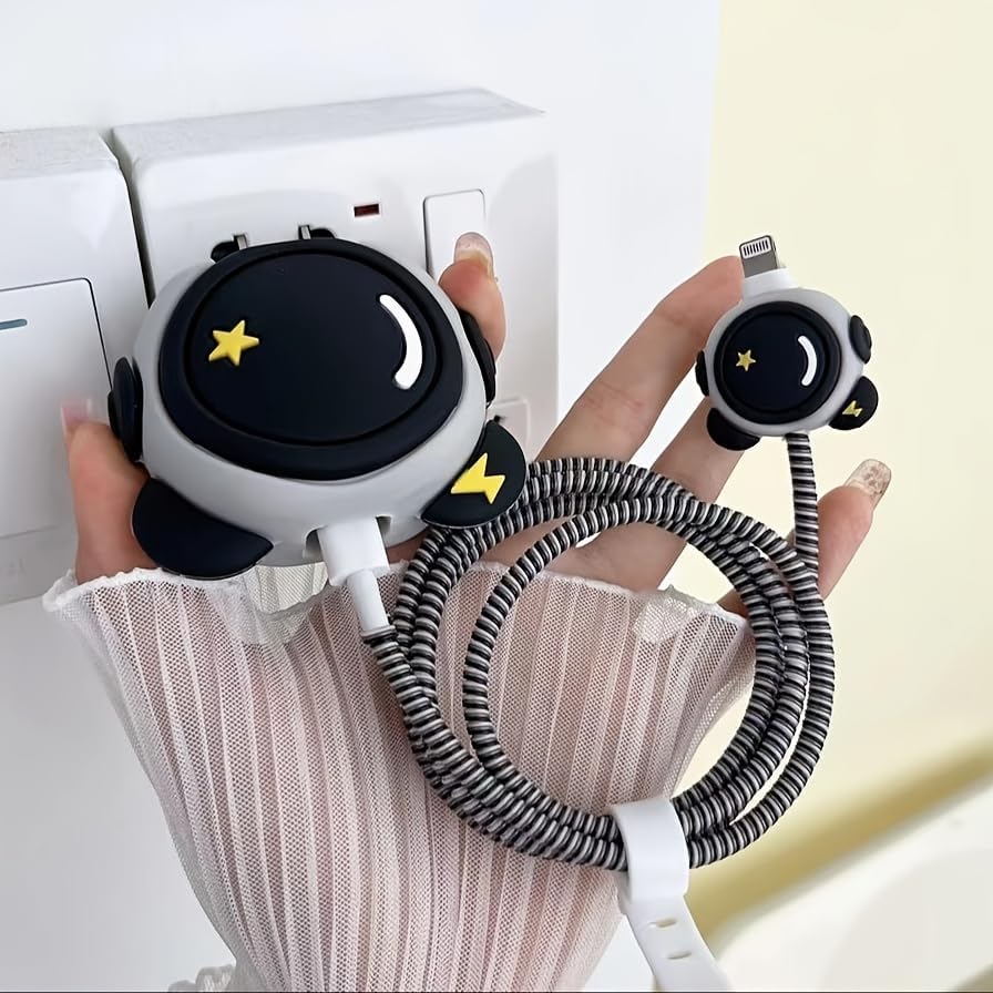 Image of VEROX Charger Cover for C Type Case Compatible with Samsung 25W Adapter Charger Cover and Full Charger Cable Protector Cartoon Design- Astronaut