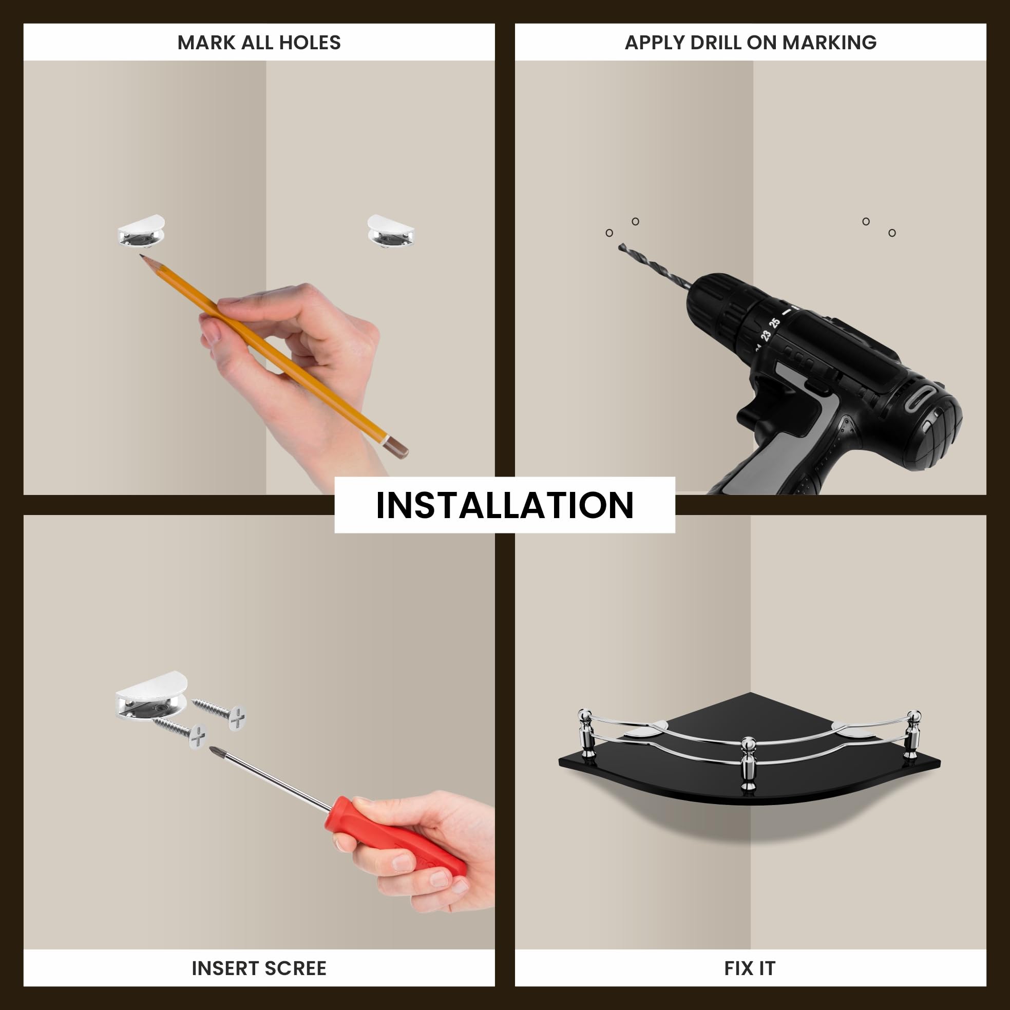 Adarsh Glass Corner Bathroom and Kitchen Shelf (9 X 9 Inch, Black) Pack of 3