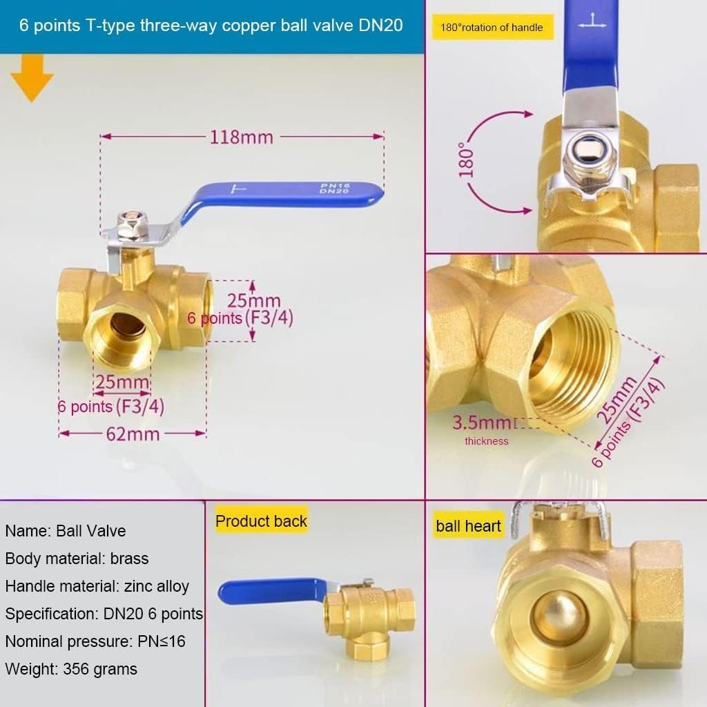 Valvola, valvola a sfera a 3 vie, Valvola a sfera in ottone a 3 vie da 1/4" 3/8" 1/2" 3/4" 1" Interruttore in rame Tipo T L Tubo for gas naturale 1 pz(Fmcb T 25)