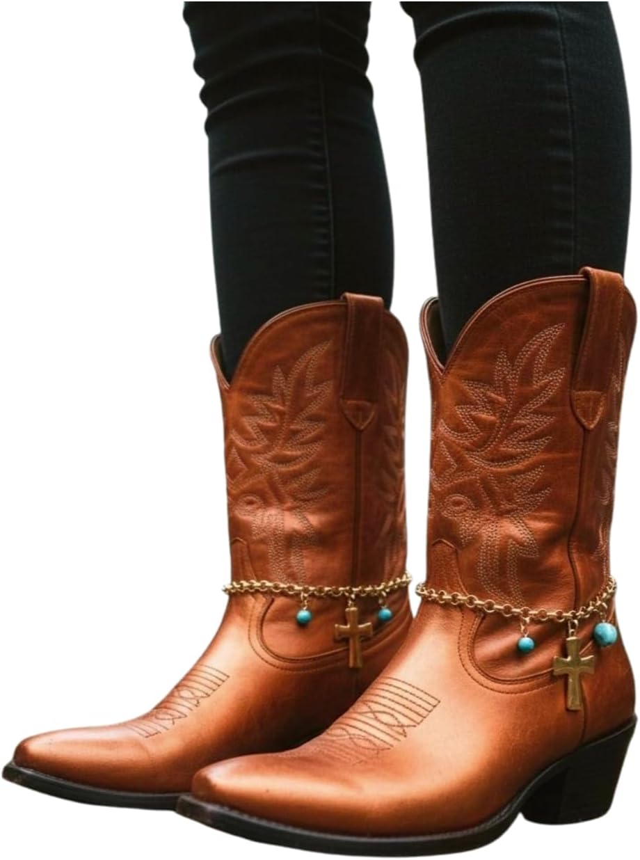 TrendyFashionJewelry Gold Tone Boot Jewelry Chain Pair, Cross Charm With Turquoise Style Beads, Adjustable 11-15 In, Statement Footwear Accessory, BC255