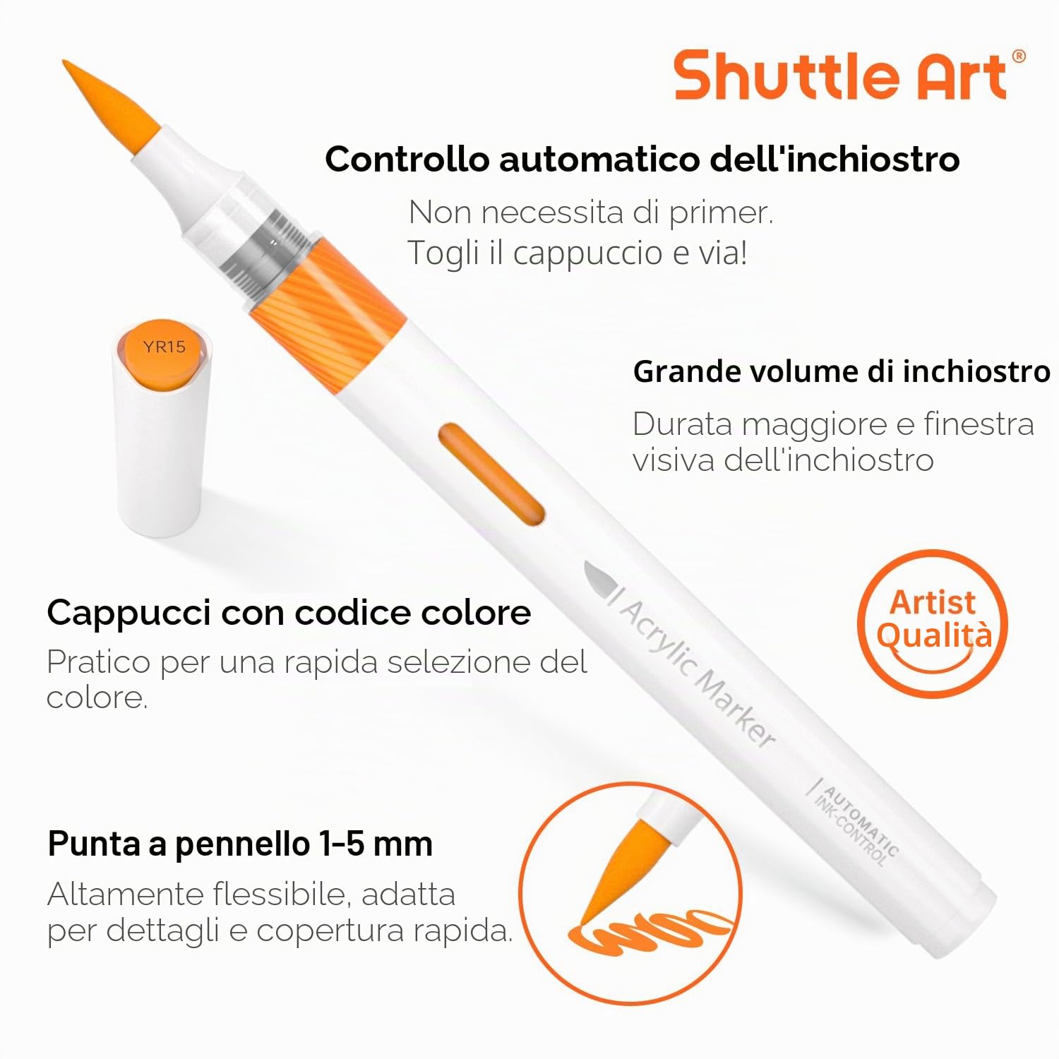 Shuttle Art Pennarelli per Pittura Acrilica con Controllo Automatico dell'Inchiostro, 60 Colori Pennarelli con Punta a Pennello, Pennarelli per Pittura su Roccia, Ceramica, Legno, Tessuto, Vetro