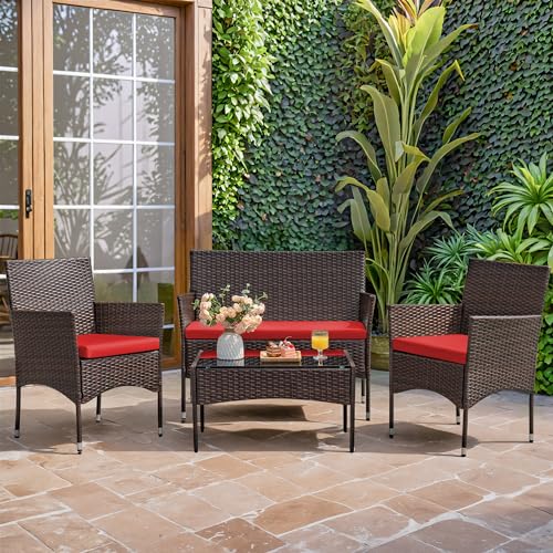 Image of Homall 4 Pieces Patio Rattan Chair Wicker, Outdoor Indoor Use Backyard Porch Garden Poolside Balcony Furniture Sets (Red)