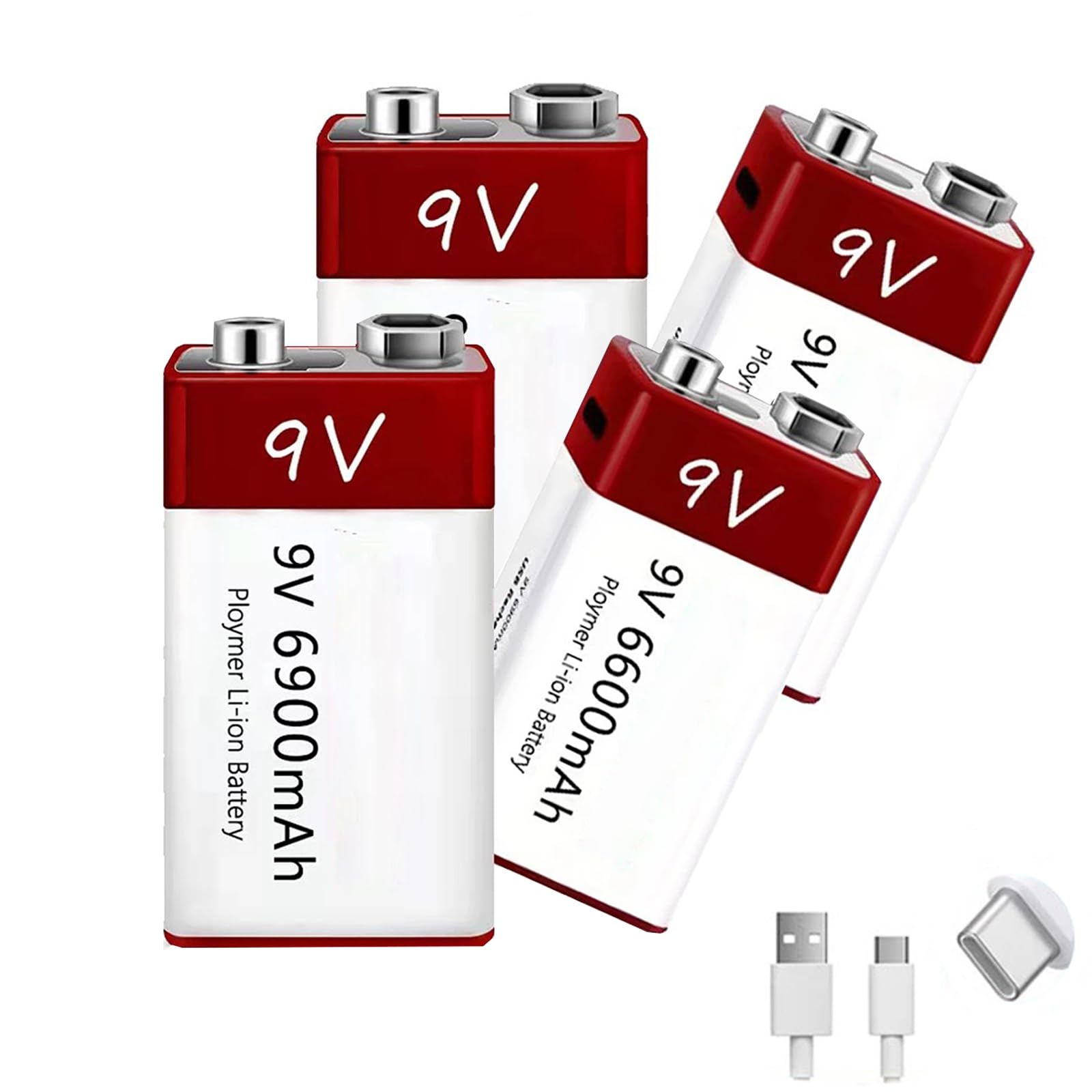 Pack Piles au Lithium Rechargeables 9V Batterie Li-ION 6900mAh 9V avec câble Chargement USB pour Guitare électrique/Microphone/détecteur fumée/détecteur et Plus Encore