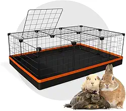 Cercado Pet para Porquinho da Índia com Teto 60x90x30cm com Bandeja Impermeável Telas Pretas e detalhe Laranja