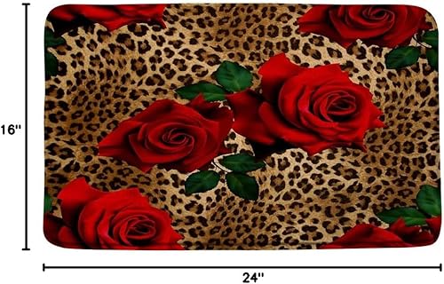 Miniatura 2 de Tapete de baño de flores de leopardo, rosa roja, mezcla de animales salvajes, diseño romántico de guepardo, safari, creativo, San Valentín,