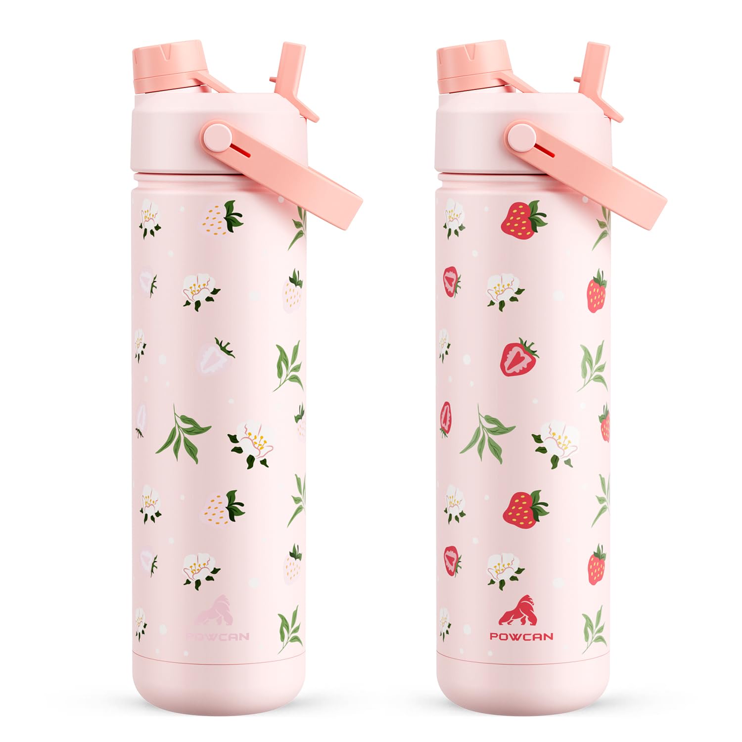 POWCAN 26 oz Insulated Water Bottle with 2-in-1 Straw and Spout Lid, Keep Cold 24H, Leak-Proof, Fits in Car Cup Holder, Stainless Steel Water Bottle for Sports, Travel, Gift (Sun-Kissed Strawberry)