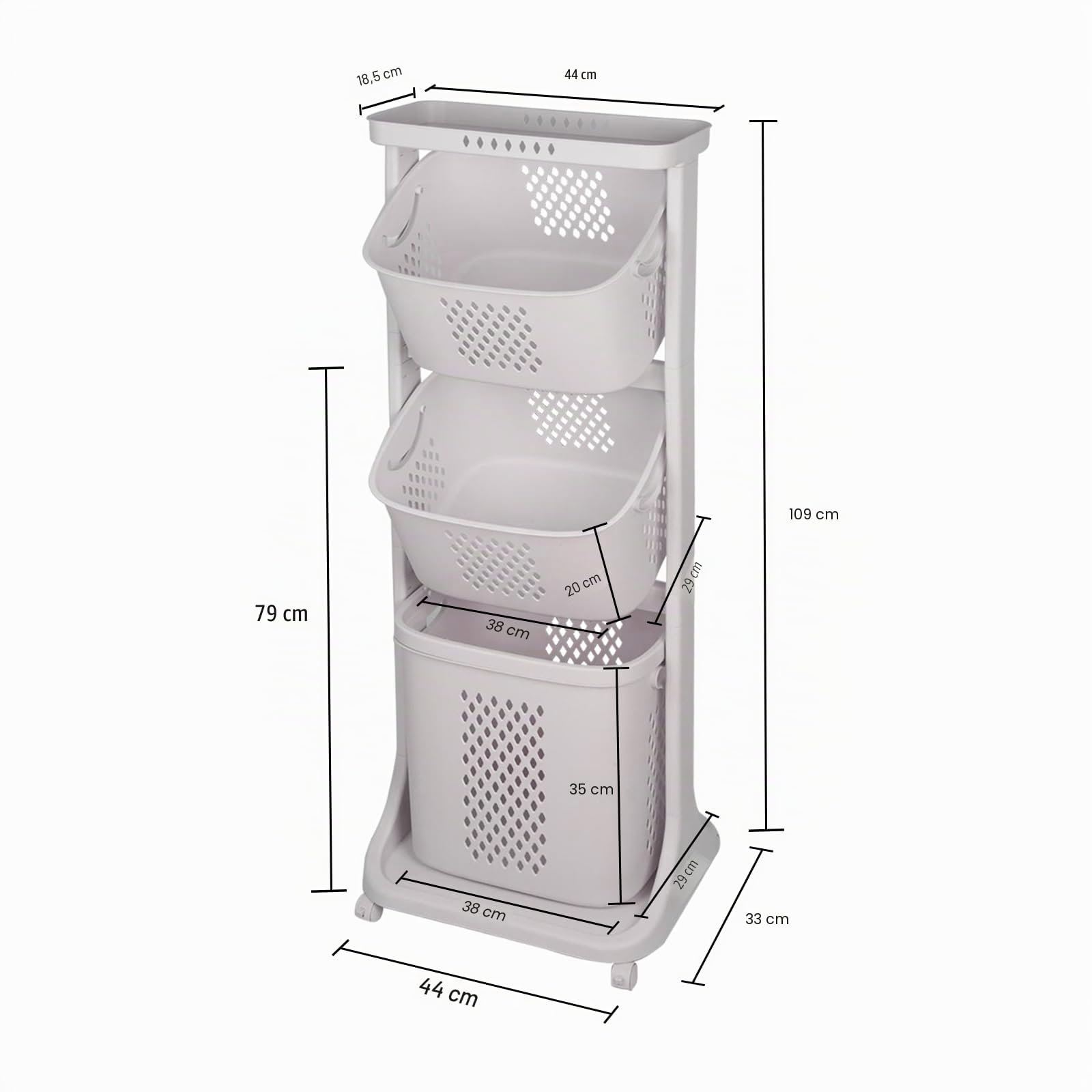 Wäschekorb mit 3 herausnehmbaren Wäschekörben mit Rollen 44 x 33 x 110 cm, weiß