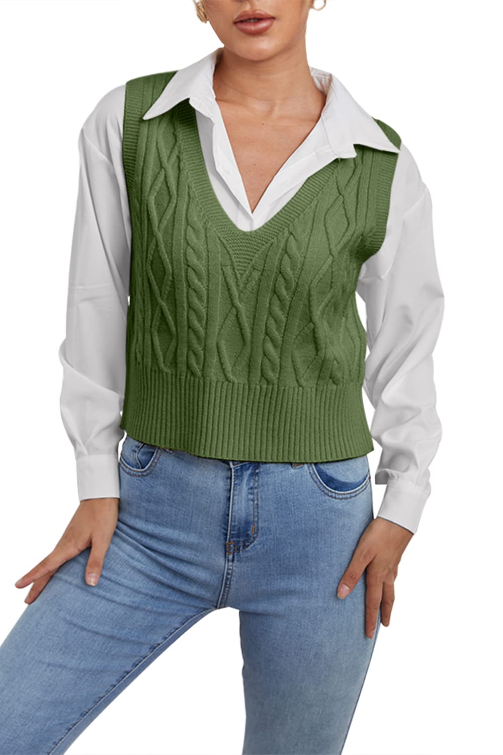 Pull sans manches pour femme - Col en V - Gilet en tricot élégant - Pull en tricot décontracté - Pour femme - Automne et hiver