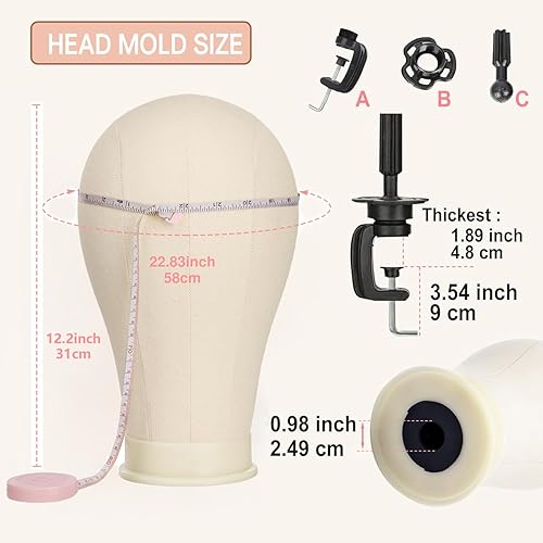 Miniatura 5 de Cabeza de bloque de lona de 23 pulgadas, soporte para peluca de 47 pulgadas con trípode, cabeza de maniquí para exhibición de pelucas con gorras