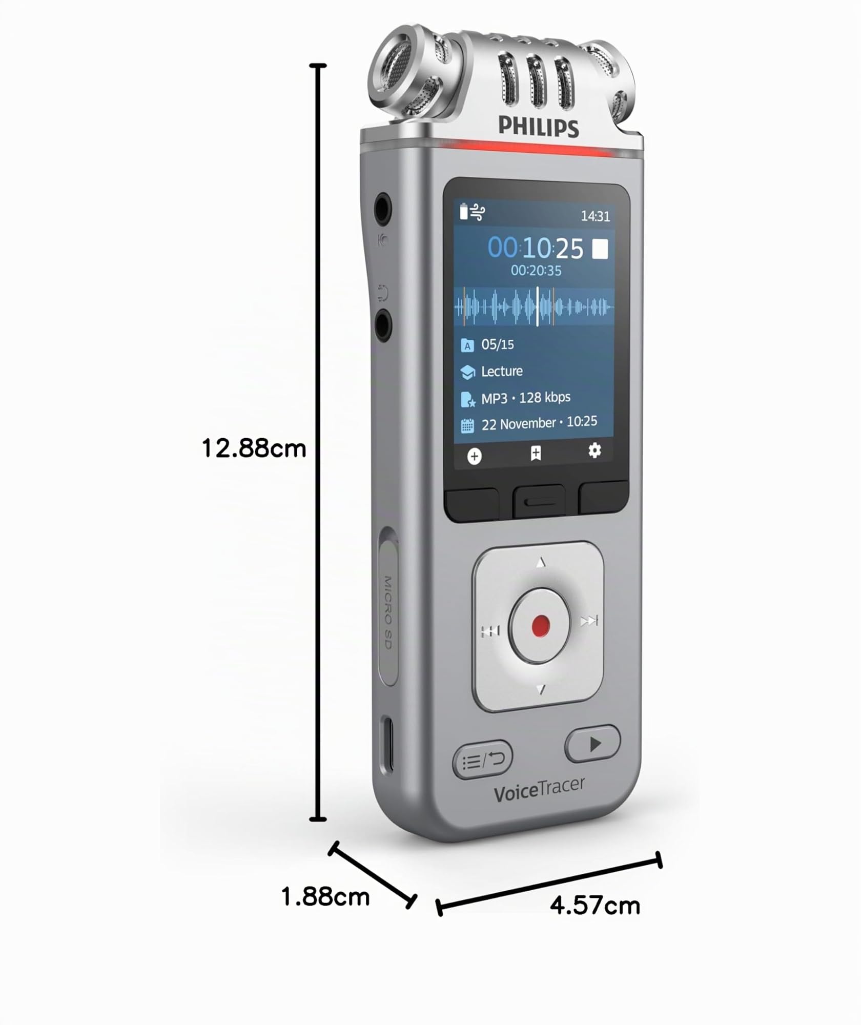 Philips DVT4115 Digital Voice Tracer, grabadora de Voz, 8 GB, 36h de grabación, estéreo, Incluye Licencia de Prueba de reconocimiento de Voz