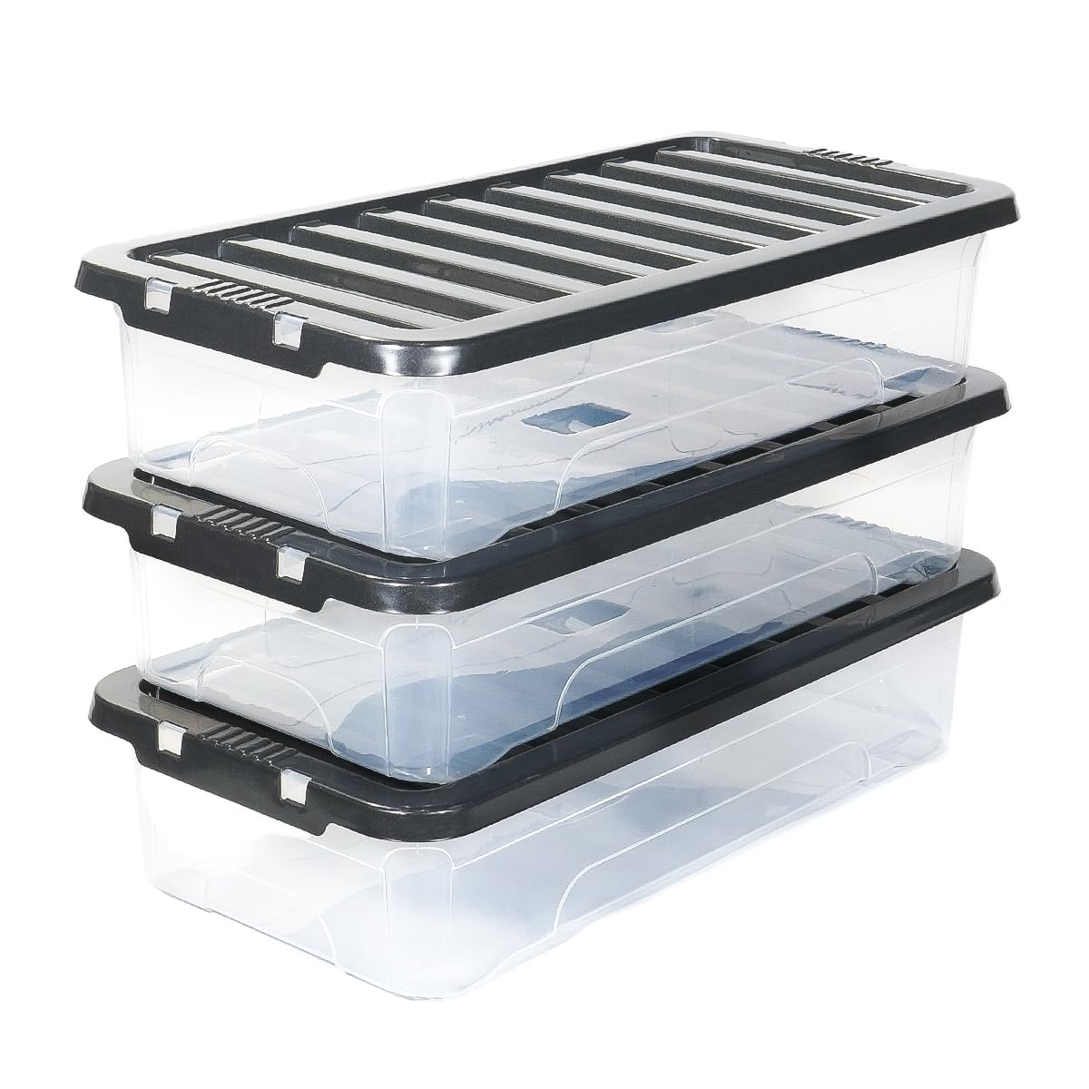 SAFARIPAK 3 x 45 Litre Underbed Clear Plastic Storage Boxes with Lids, Clip-Lock Lid, Sturdy Stackable Space Saving Box, Lidded Containers for Home, Kitchen, Moving, Garage, Office & Organisation