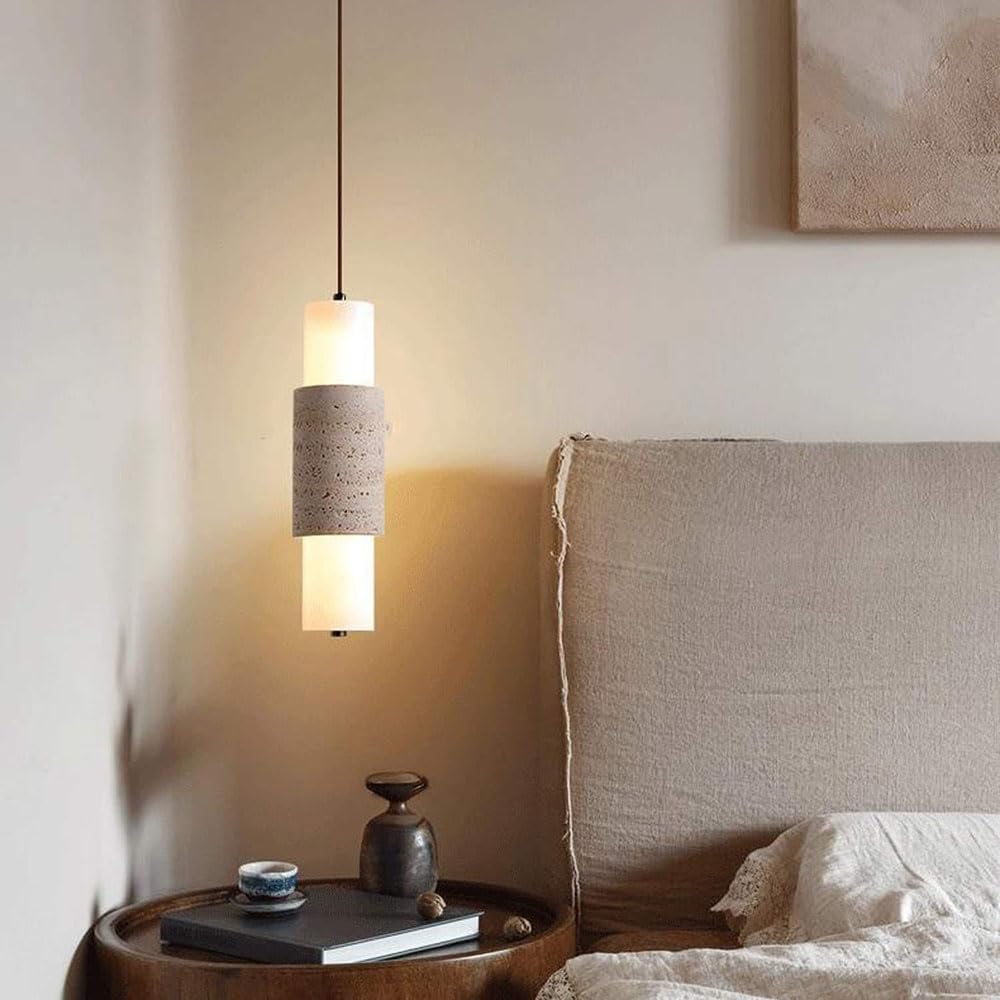 XQIDIANAA Yellow Travertine Pendant Light, 3.1" Wabi Sabi Pendant Light with Inclined Half Cylinder Stone Lampshade, Nordic Style Concrete Hanging Lamp Fixture for Bedroom Living Room Kitchen