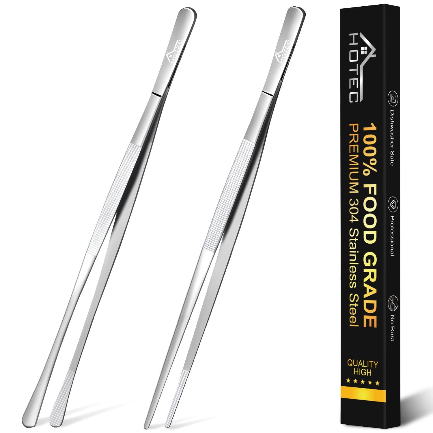 Hotec 12-Inch Stainless Steel Tongs, Multipurpose Tweezer Food Tongs Stainless Steel Steak Clip BBQ Long Tweezer Tongsg, Grilling and Baking, Cooking Tweezers Precision Serrated Tips, Set of 2