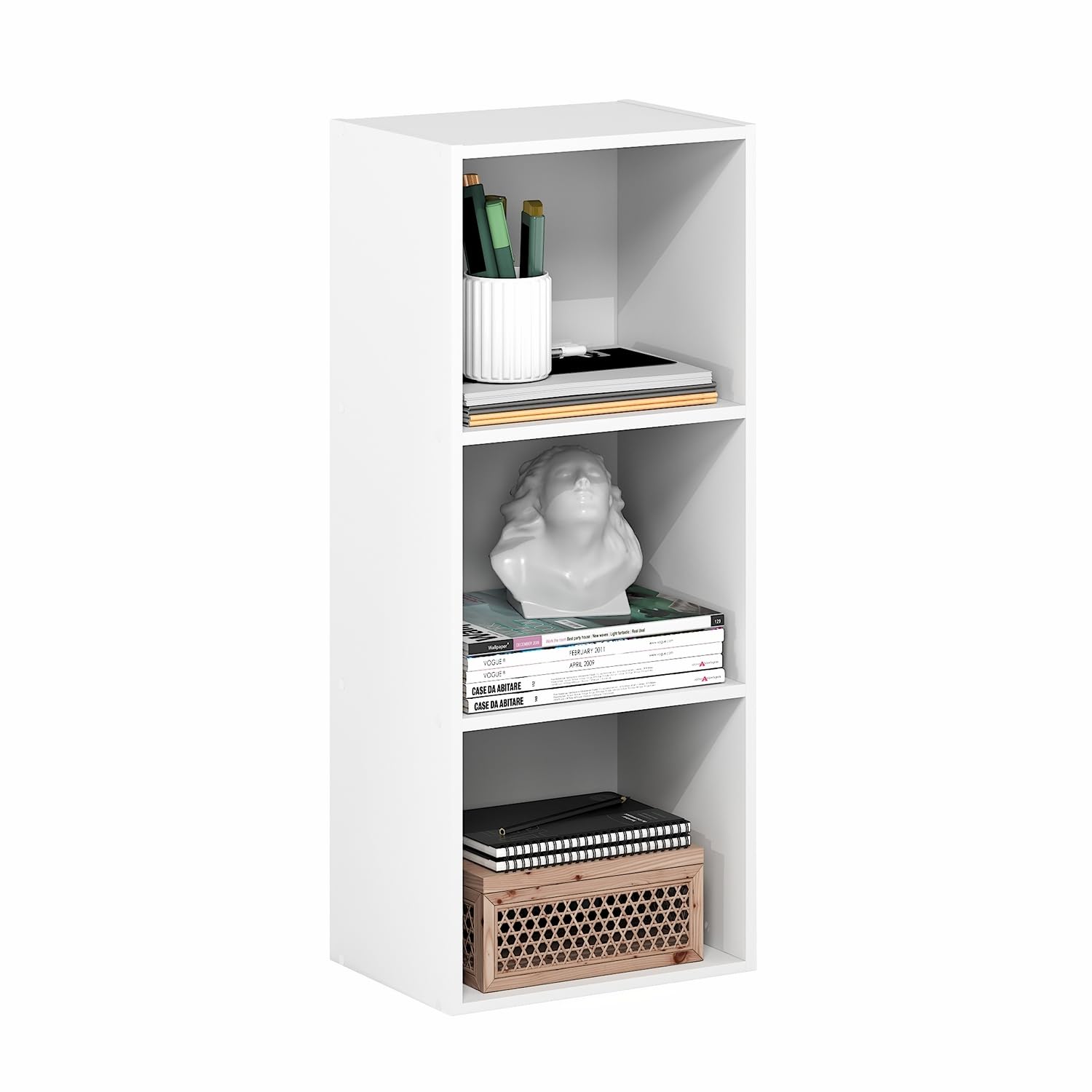 Furinno PASIR Book Shelf, 3-Cube Bookcase, Standing Bookshelf, Open Storage Shelf, Closed Back, Easy Assembly, 23.6cm x 30.5cm x 80cm, for Home Office, Living Room, Plain White