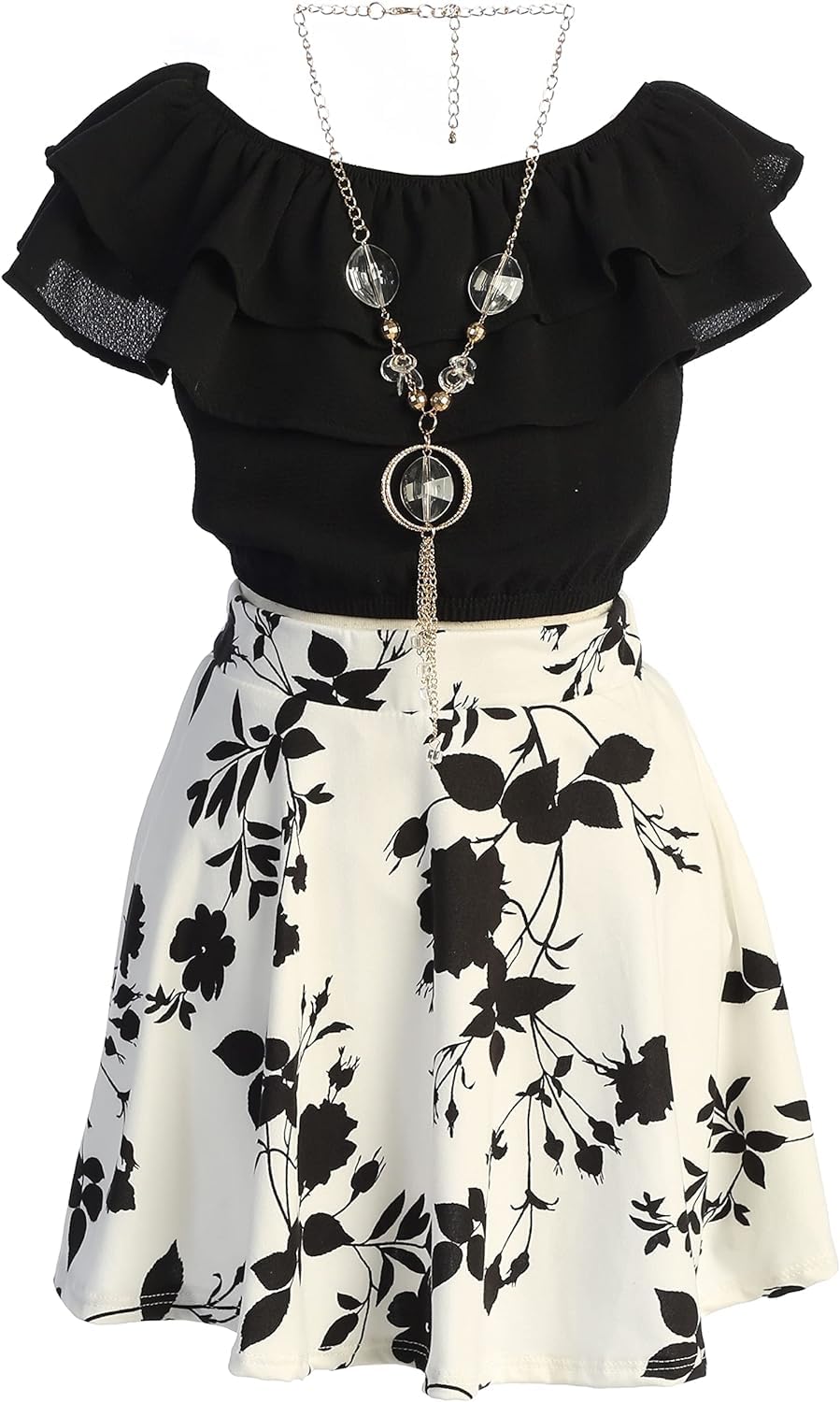 iGirlDress Girls Off Shoulder Crop Ruffle Layered Top and Skirt Set Outfit USA 4-14