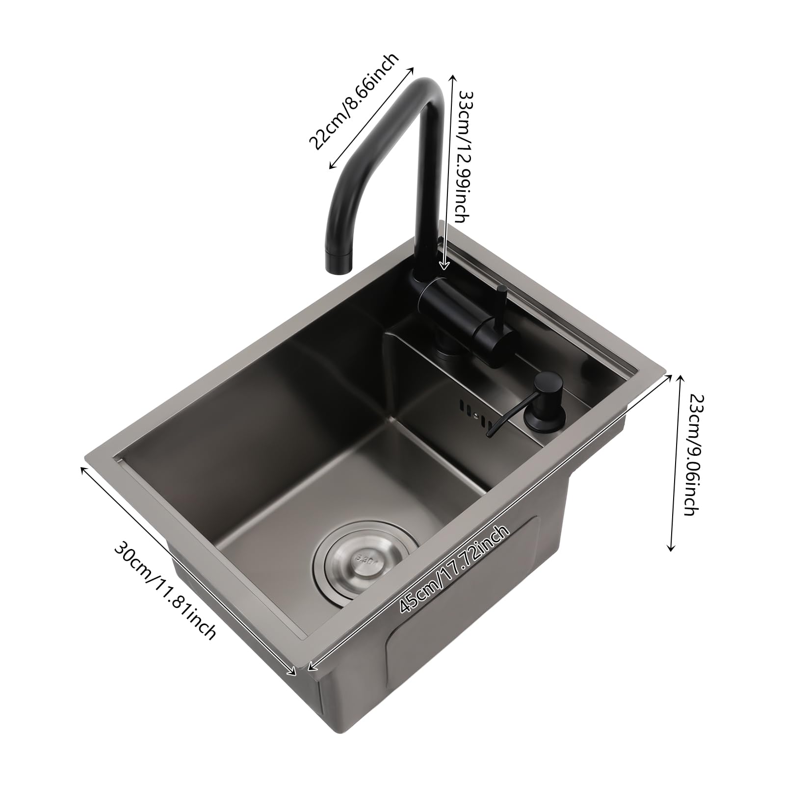 Lavello da incasso in acciaio inox, piccolo, 45 x 30 x 23 cm, 1 lavandino, lavello da incasso, lavello in acciaio inox con rubinetto pieghevole e dispenser di sapone, per negozi di dessert, caffè