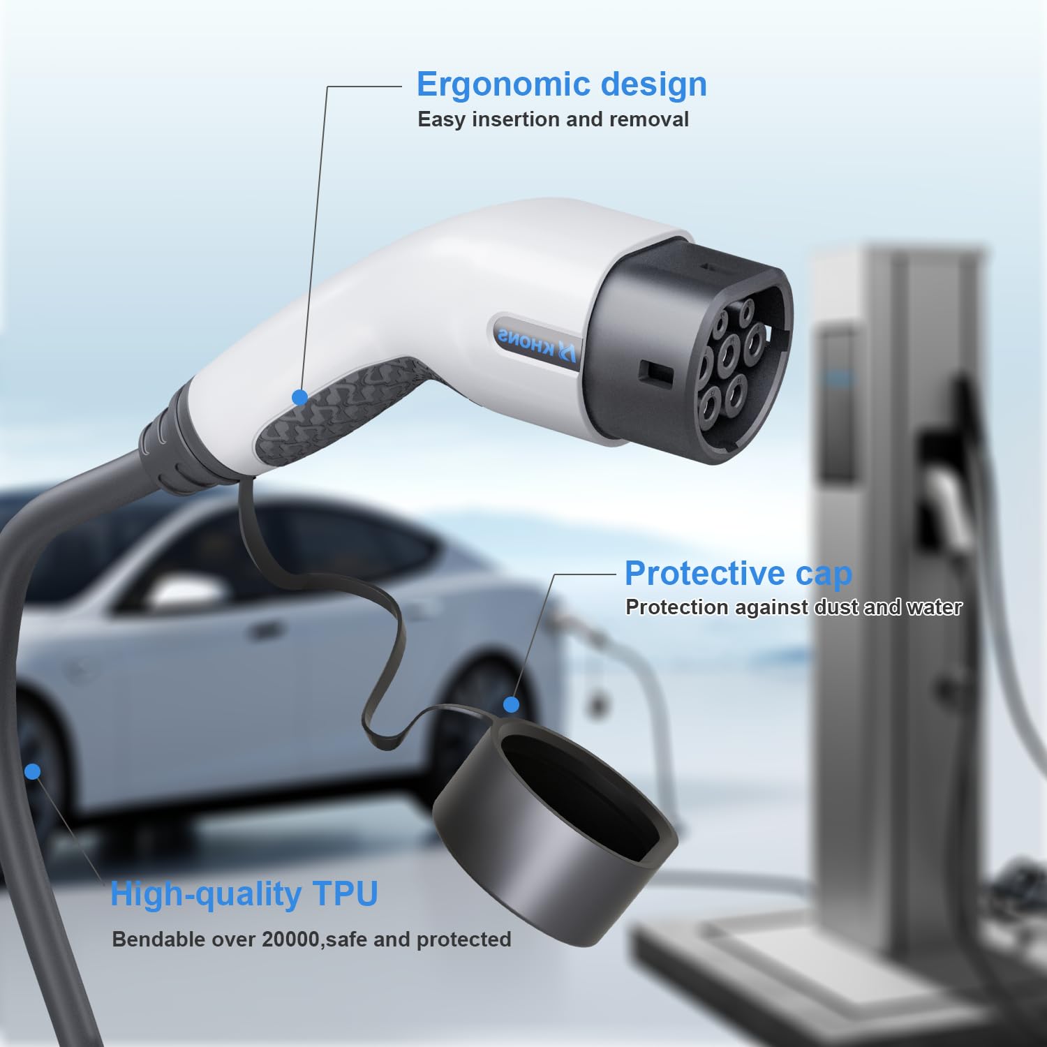 Cavo Ricarica Auto Elettrica Tipo 2, modalità 3 / 32A / 7.4 KW / 1 Fase / 5 Metri, Cavo Tipo 2 di Ricarica Compatibili con Quasi Tutte Auto Elettriche e Ibride（Bianco）