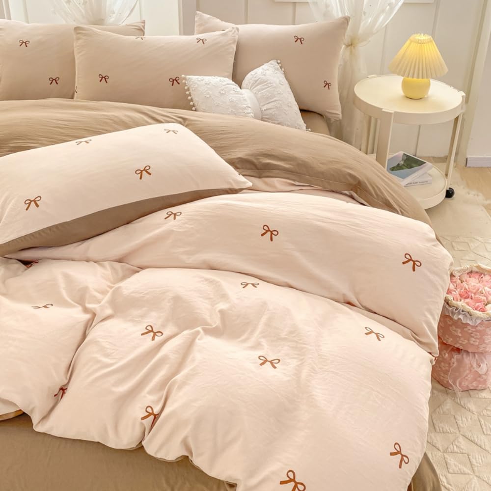 Michorinee Double Duvet Cover Brown Bowknot Print Kawaii Style Beige Bedding Set Girls Cute Bow Tie Renforce Microfiber Quilt Cover 200x200 cm Zipper Closure with 2 Pillowcases 50x75 cm — image 1