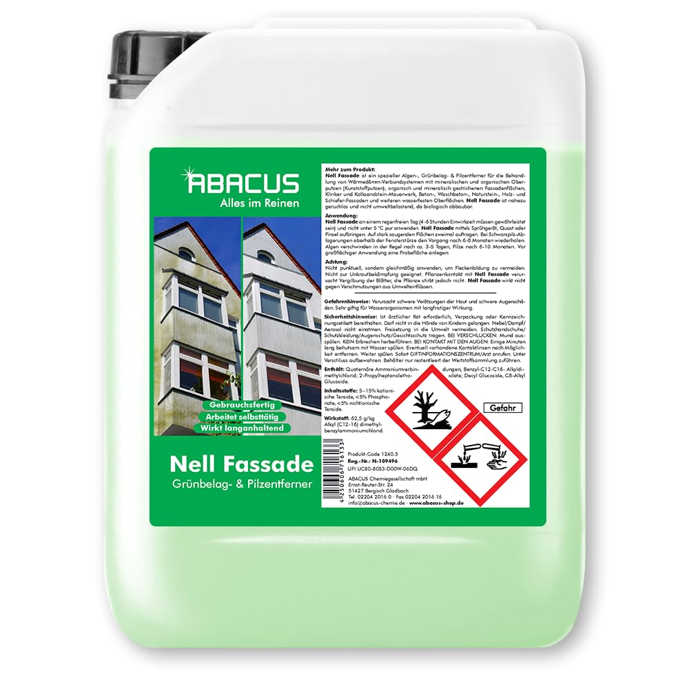 ABACUS® Fassadenreiniger, Grünbelagentferner für Fassaden, Putz & Hauswände – Entfernt selbsttätig Pilze, Flechten & Algen von Fassaden – Nur 0,1L pro m², Nell Fassade 5 Liter (1240.5)