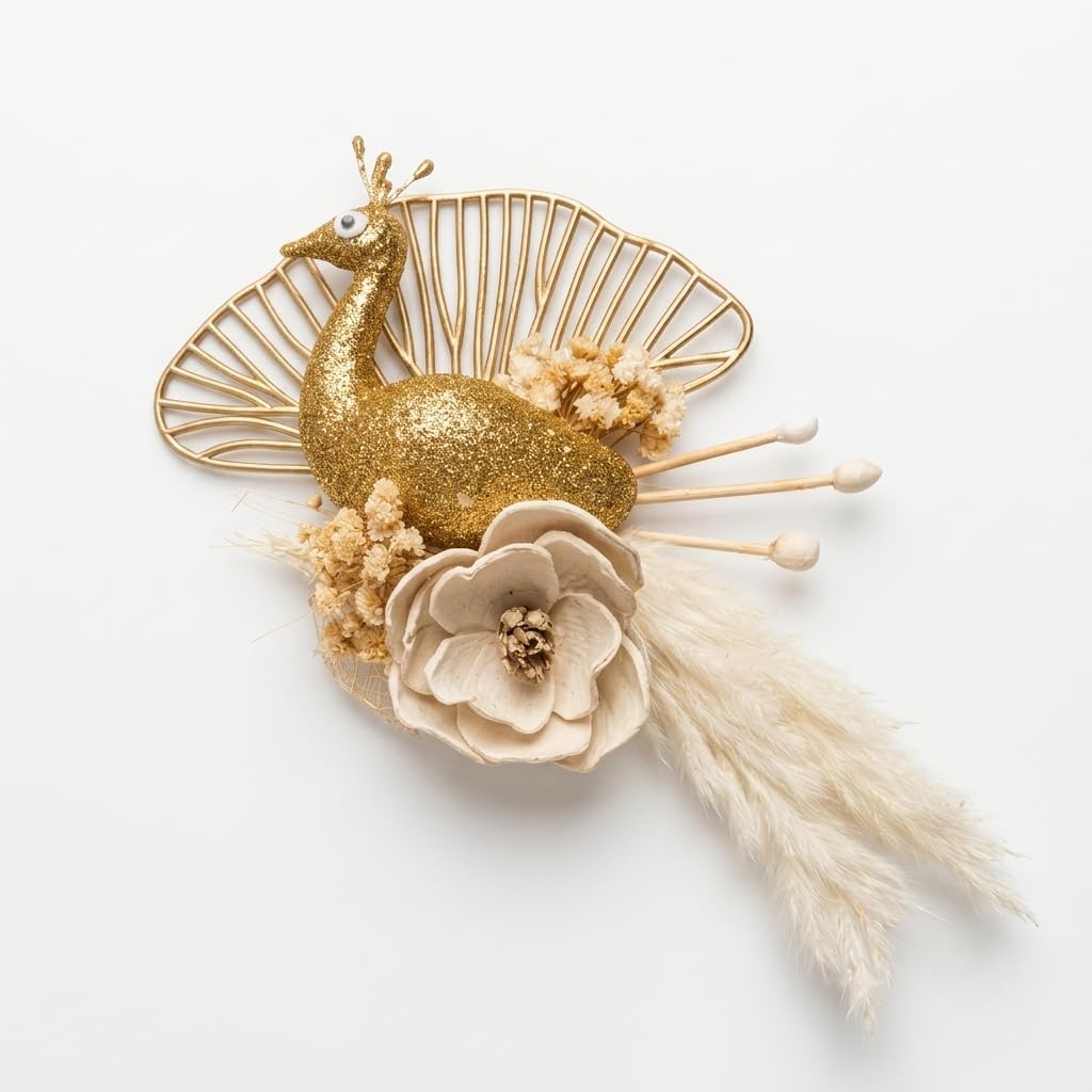 Garden Hub Handmade Dried Floral Peacock Decor | Gold Glitter Peacock with Sola Wood Flower, Pampas Grass & Preserved Botanicals | Luxury Wedding Trousseau Packing, Gift Hamper Decoration-image-34