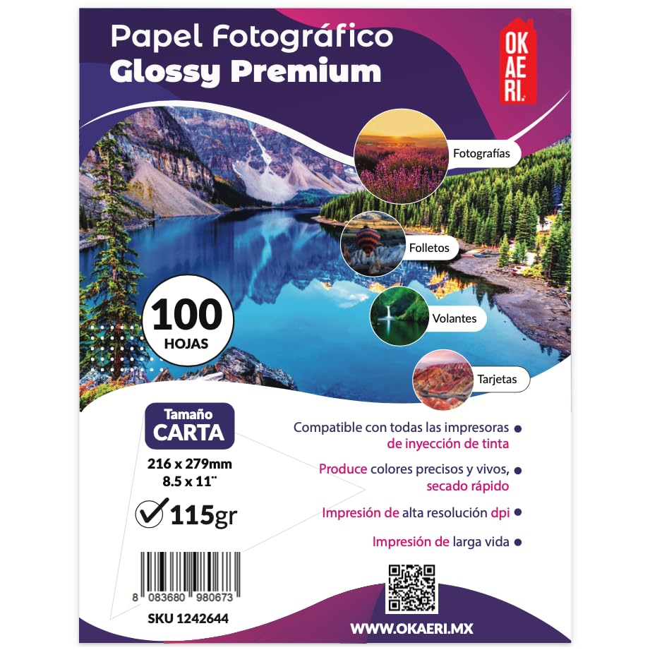 Tinta Y Tóner, Office Product OKAERI Papel Fotográfico 100 Hojas 115g Glossy Carta Blanco Brillante - Folletos, Manualidades, Decoraciones, Cartas, Portadas