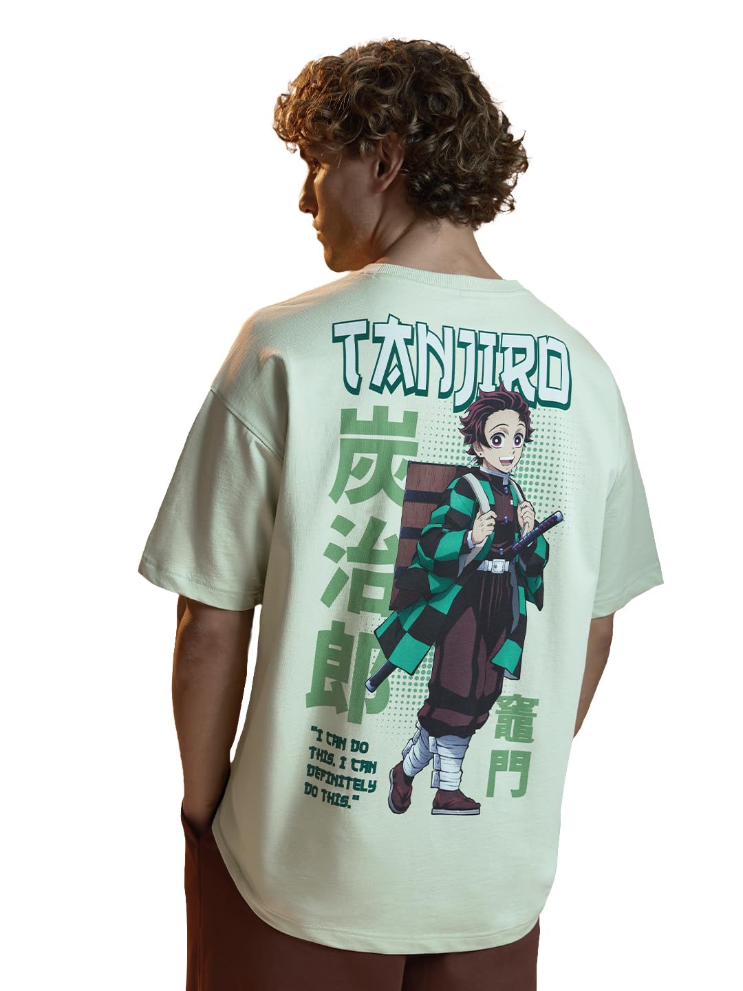 Demon Slayer: Tanjiro Men and Boys Short Sleeves Round Neck Green Graphic Printed Cotton Lightweight All-Season Oversized T-Shirt-image-36