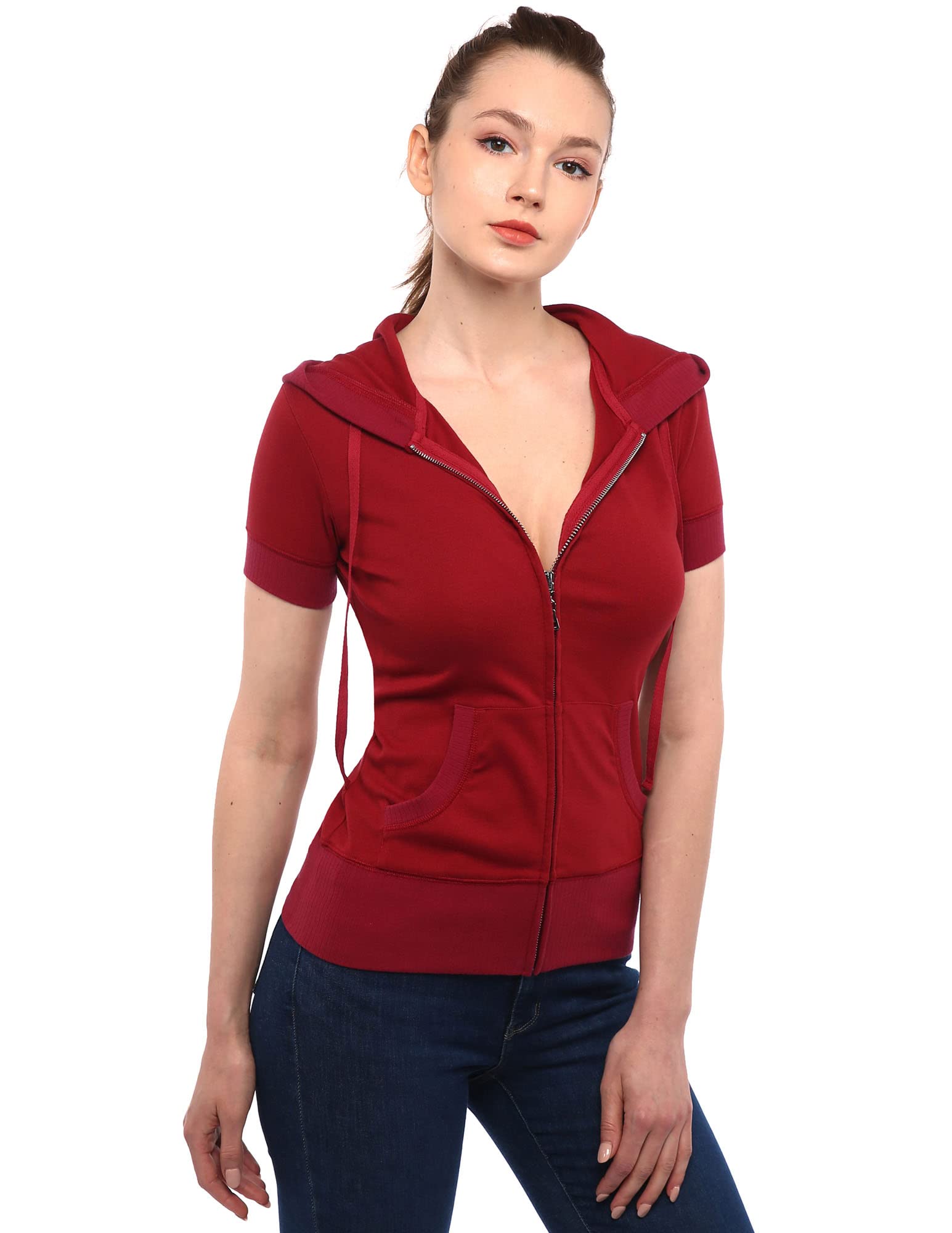 AmélieBoutik Women Cotton Blend Hoodie Zip Up Kangaroo Pocket Short Sleeve Jacket, Crimson Red, M