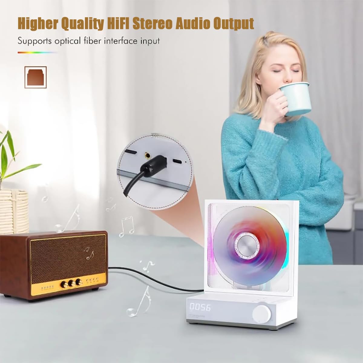 Lettore CD Bluetooth portatile con batteria ricaricabile da 4000 mAh, effetti di illuminazione RGB e timer, lettore musicale da tavolo con porta magnetica a ventosa
