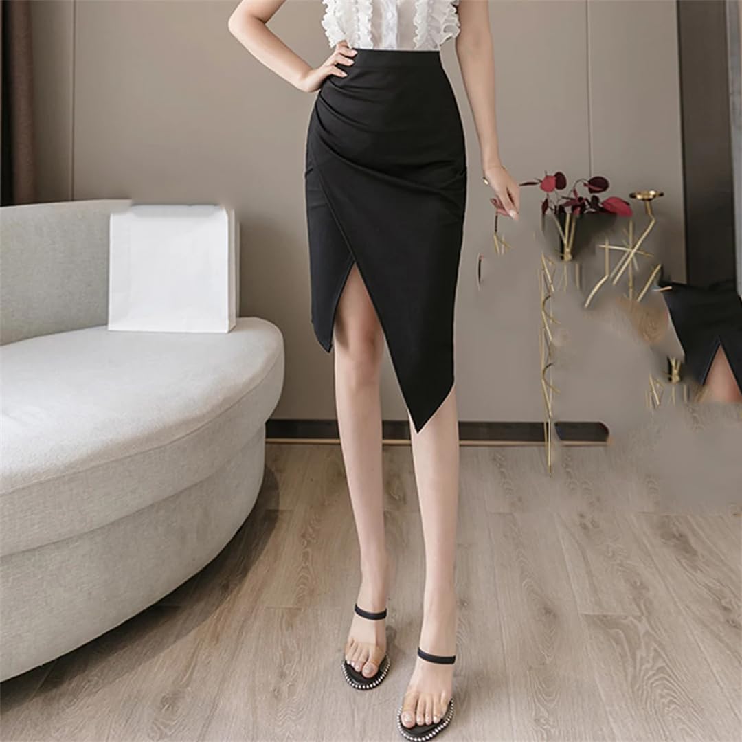 Donne asimmetria nero Midi Gonne pieghe Wrap Hip Gonne Casual Ufficio Lady Gonne a vita alta