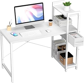 Schreibtisch Weiß Mit Schublade & Regalen, 120x50cm Großer Tischplatte, 75cm Ergonomische Höhe, 3-Stufige Ablage, Platzsparender Computertisch Für Home Office, Studium & Gaming