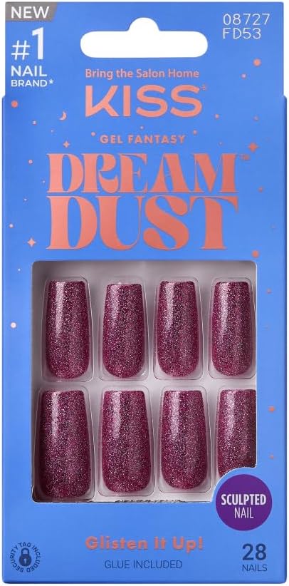 KISS False Nails Kit, Dreamdust Ready to Wear Gel Sculpted Nails, Stick and Glue Included, Long Length, Square Shape with Glitter Effect, Long-Lasting Hottest Trend Glue on Nails