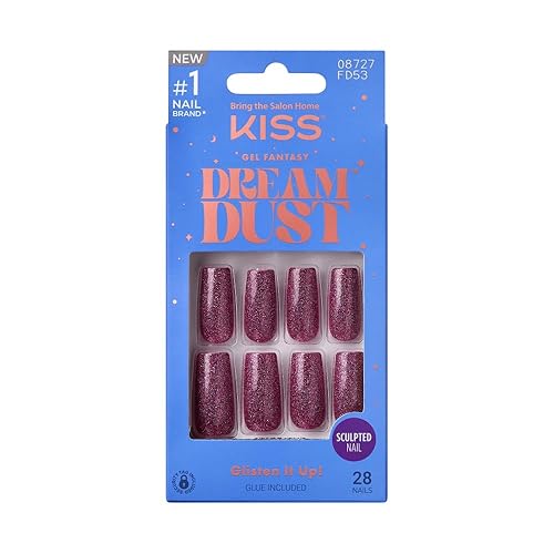 KISS False Nails Kit, Dreamdust Ready to Wear Gel Sculpted Nails, Stick and Glue Included, Long Length, Square Shape with Glitter Effect, Long-Lasting Hottest Trend Glue on Nails - Perfumes