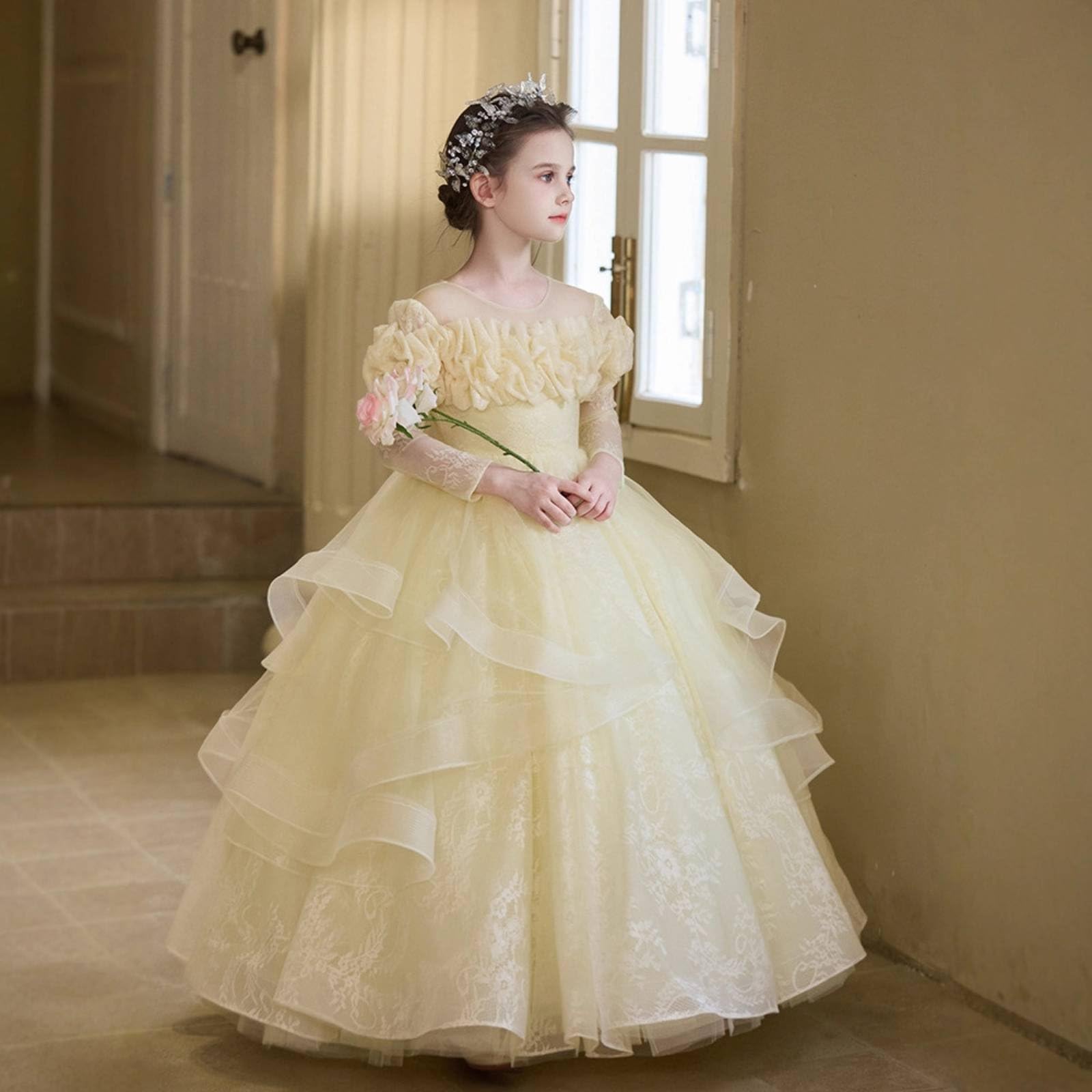 Vestido para Fiesta de Niña Vestido Princesa Vestido Vestido Niña Vestido con Tul Abundante Encaje y Flores en Relieve Mezcla de Poliéster con Forro, 150CM