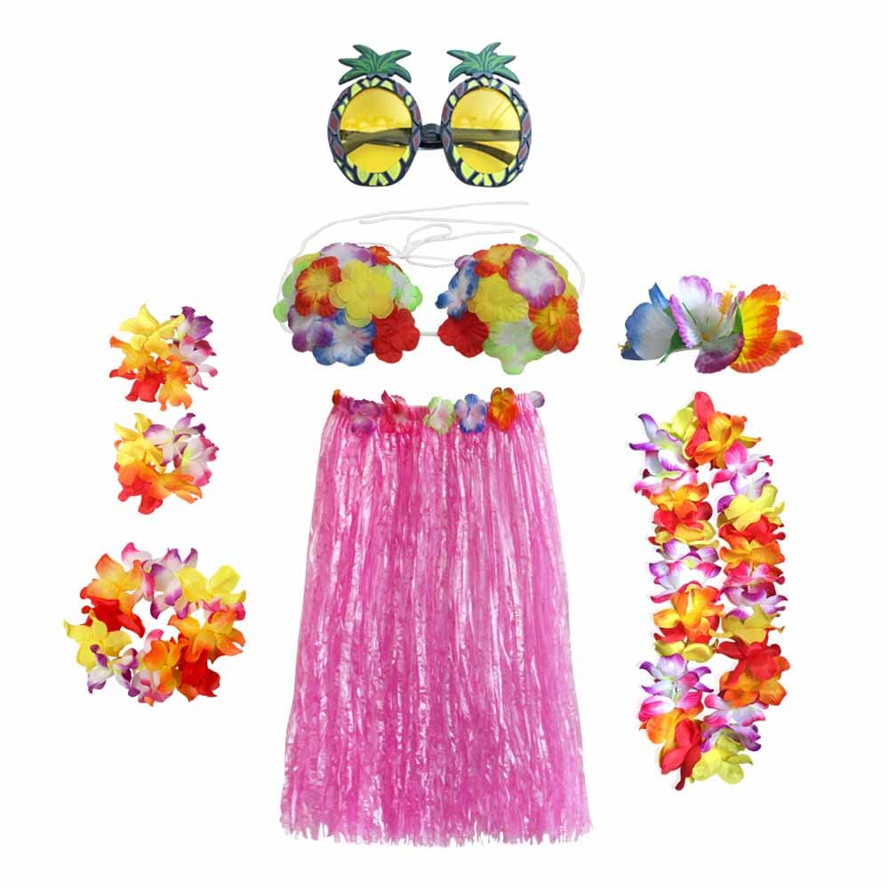 8PCS Hula Skirt Costume Hawaiian Leis Dancer Dress Set with Flower Bikini Top, Hawaiian Lei, Hibiscus Hair Clip, Pineapple for Adults Fancy Dress Supplies Party Summer Beach Tropical Party - Pink