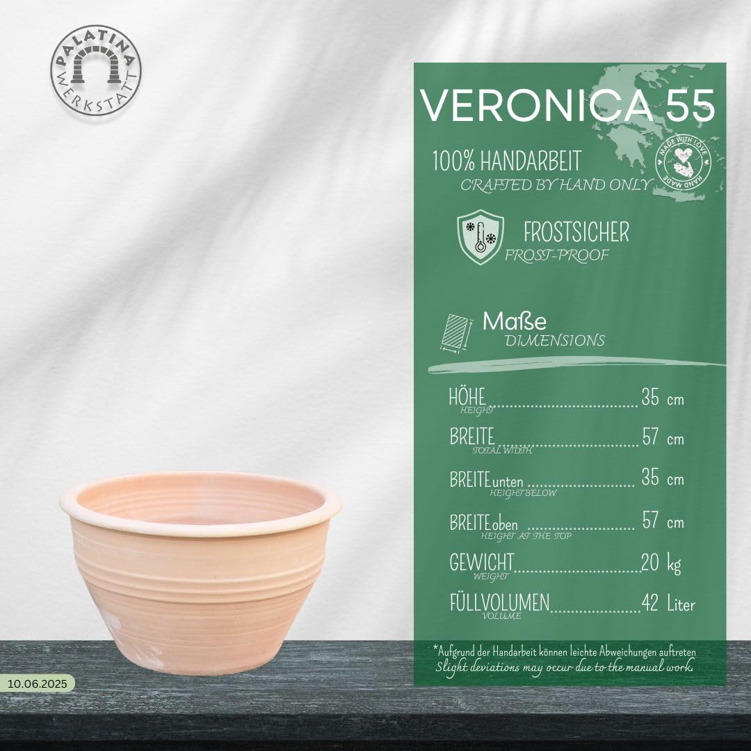 Palatina Werkstatt Terracotta Blumentopf Veronica 55cm - 100% Handgefertigter Terracotta Pflanzkübel für den Garten & Innenbereich - Robust & Stilvoll zu jeder Jahreszeit