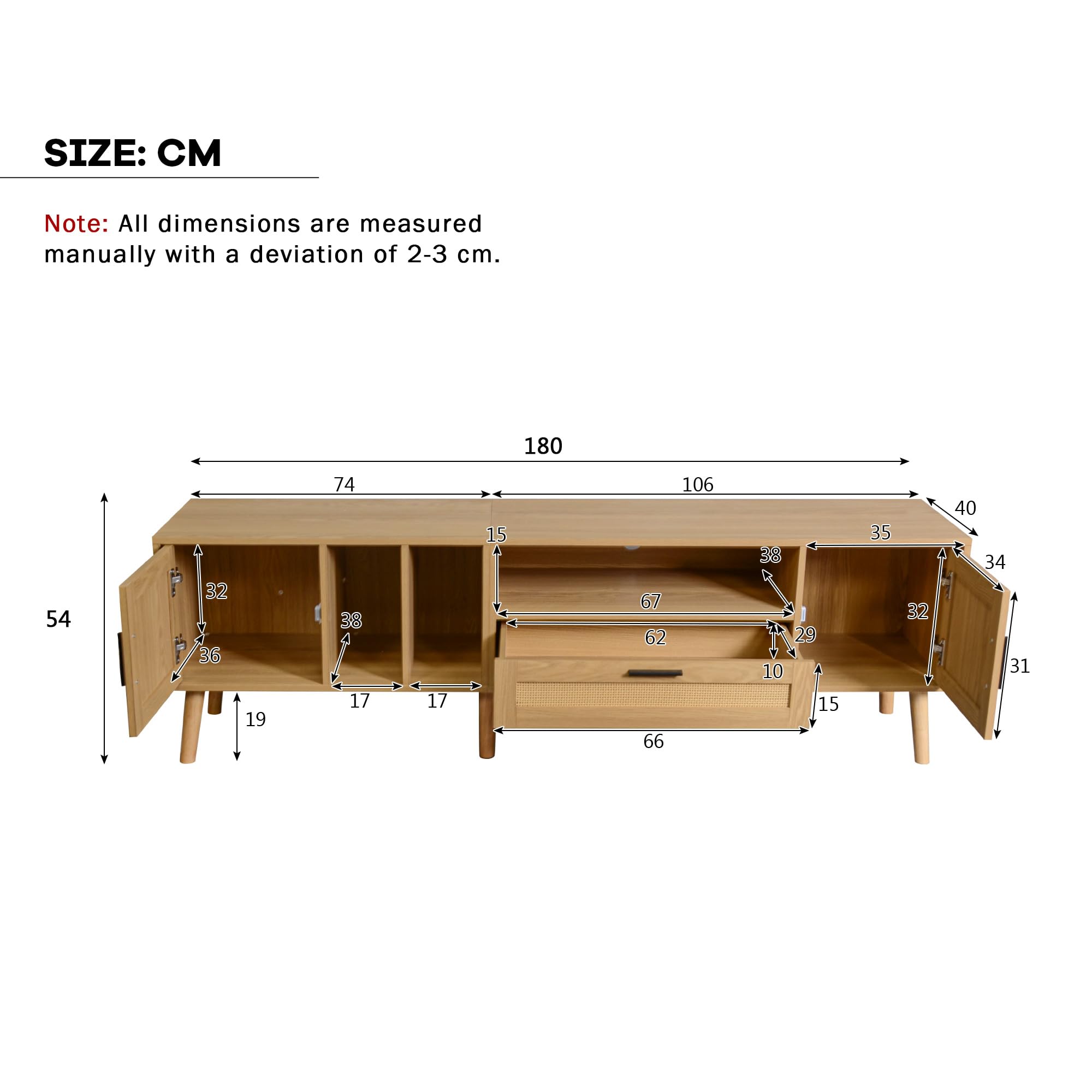 Mobile TV spazioso 180 cm con decorazione in rattan, 2 ante, un cassetto, gambe in legno massello, può ospitare TV da 80 pollici, armadietto per TV