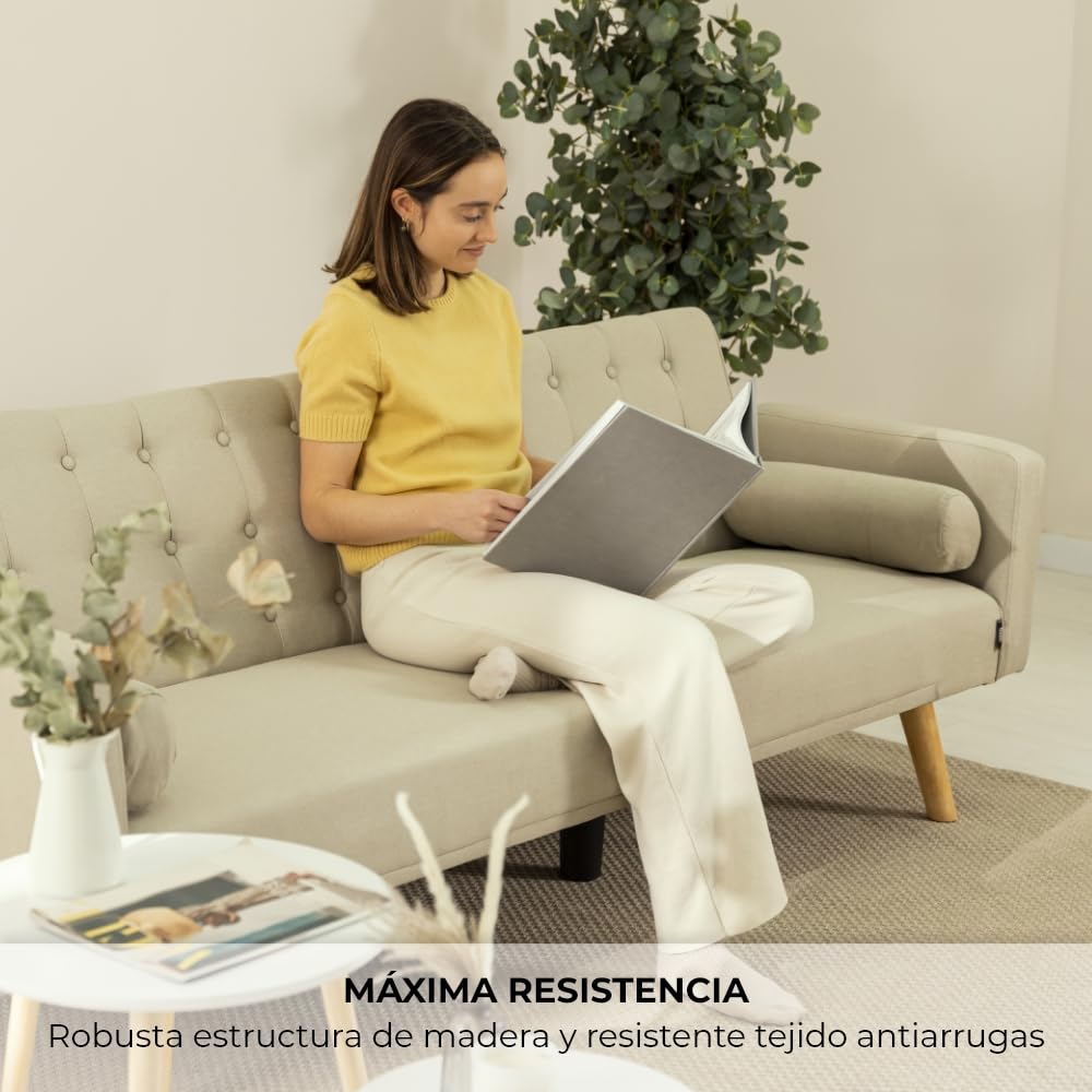 Nalui - Sofá Cama 3 Plazas Acolchado 203x82x78cm One Dots, 2 Cojines y Apertura Clic-Clac con Dif. Grados de Reclinación. Sofá Cama Chaise Longue con Patas de Madera Convertible en Cama Doble | Beig