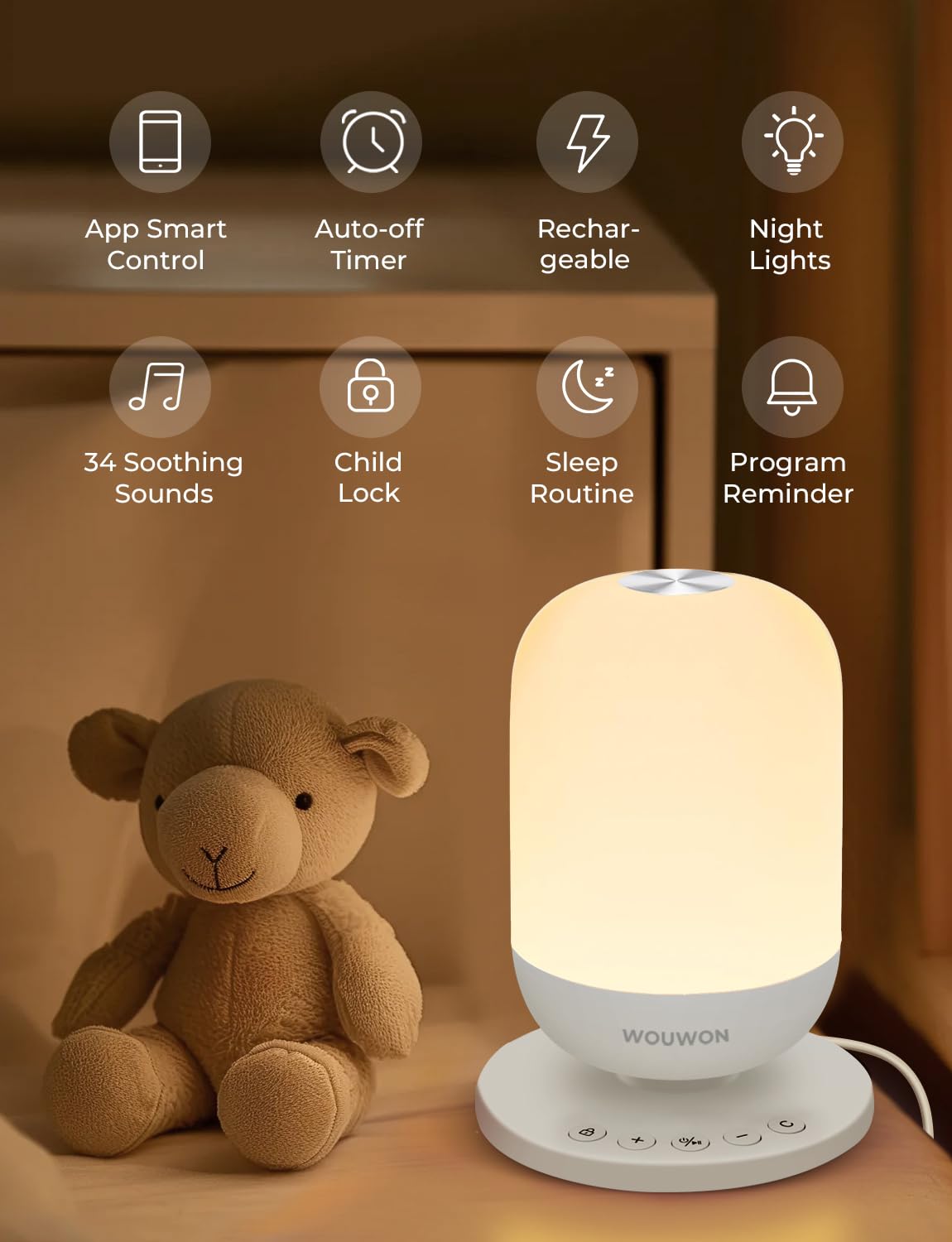 Intelligent Machine à bruit blanc pour sommeil de bébé et adulte avec 34 sons apaisants, Veilleuse douce pour l'alimentation, Réveil programmes et minuterie, Contrôle Tuya Smart APP