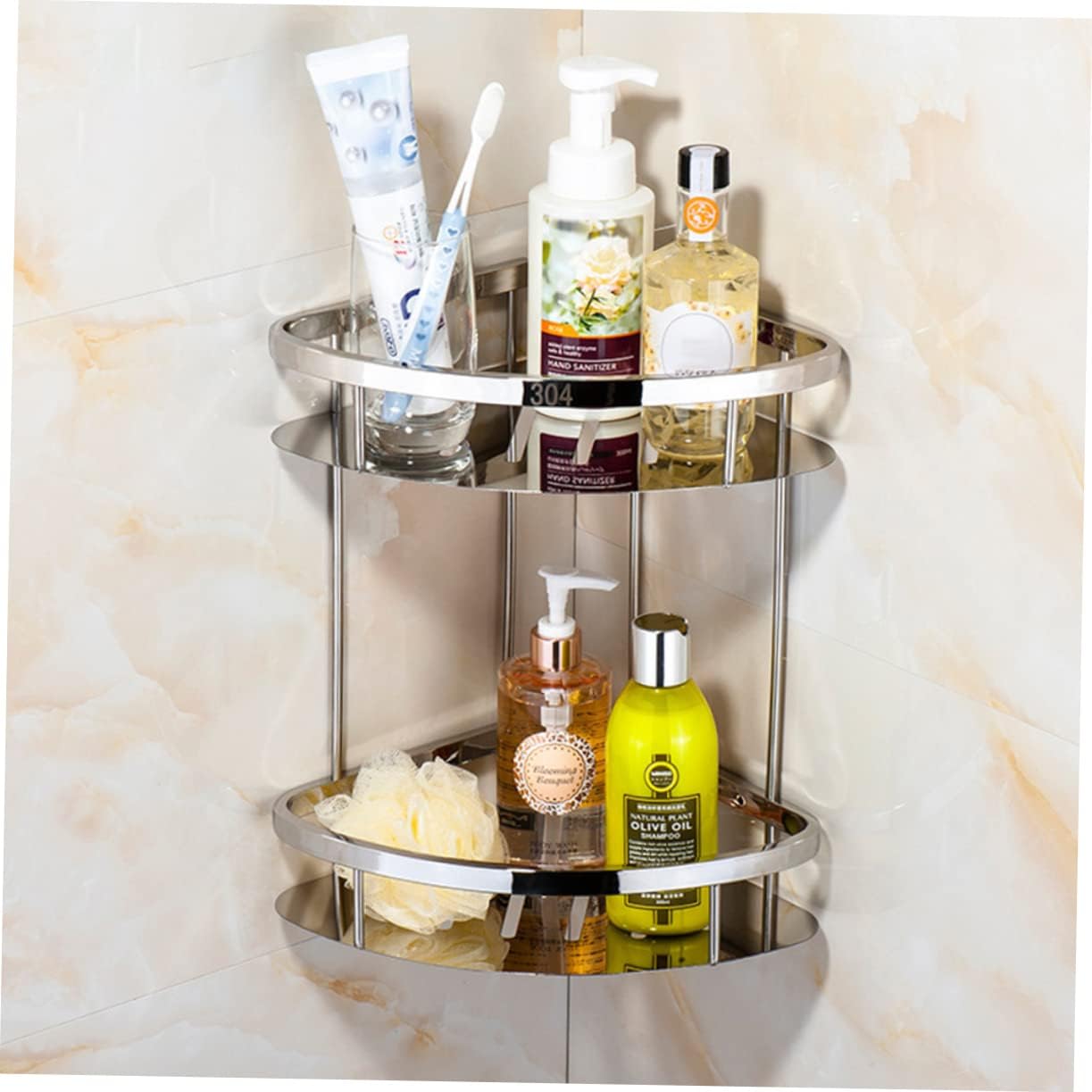 Stainless Steel Double Layer Triangle Corner Rack Rustproof Organizer Shelf for Bathroom Storage Space-Saving Storage Holder