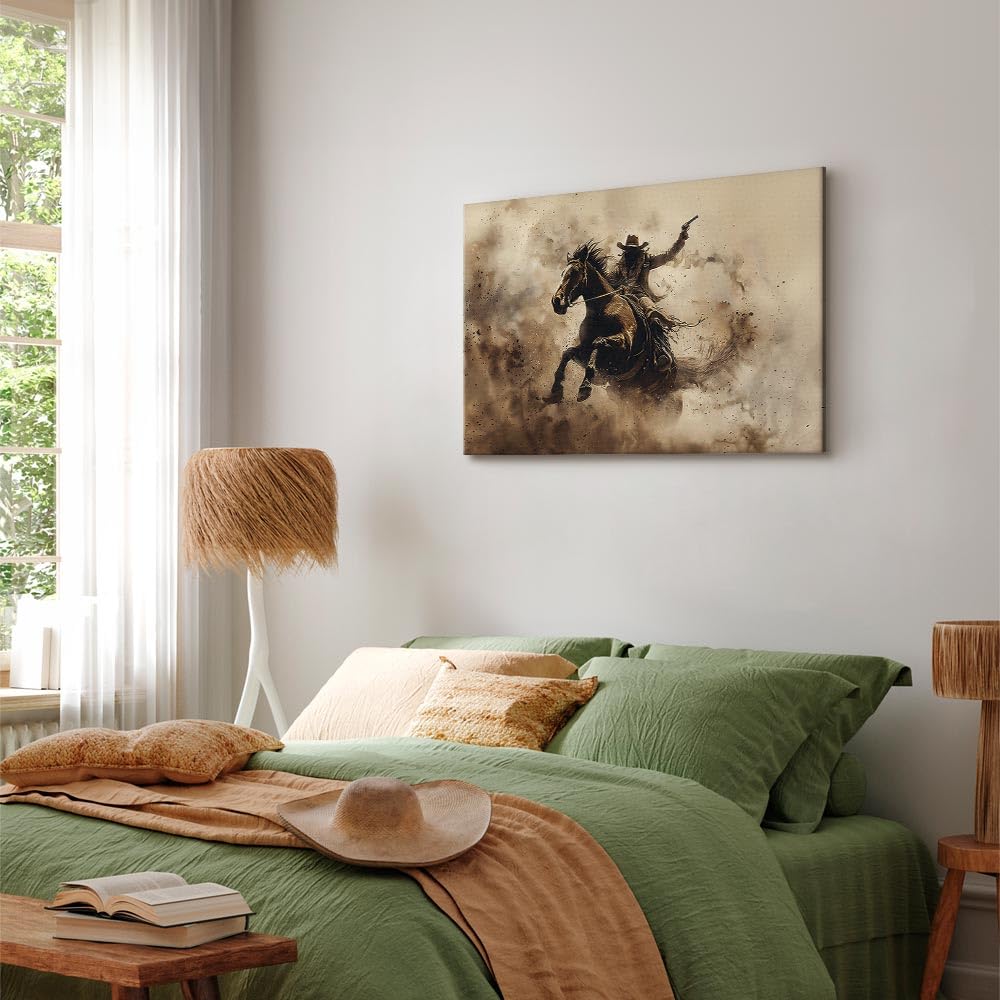 murando - Quadro con Cornice Naturale su Tela Strutturata Cowboy e Cavallo Western 60x40 cm 1 Pezzo - Quadri con Cornici Camera da Letto - Canvas Telaio in Legno - Stampe da Parete h-H-10072-b-a