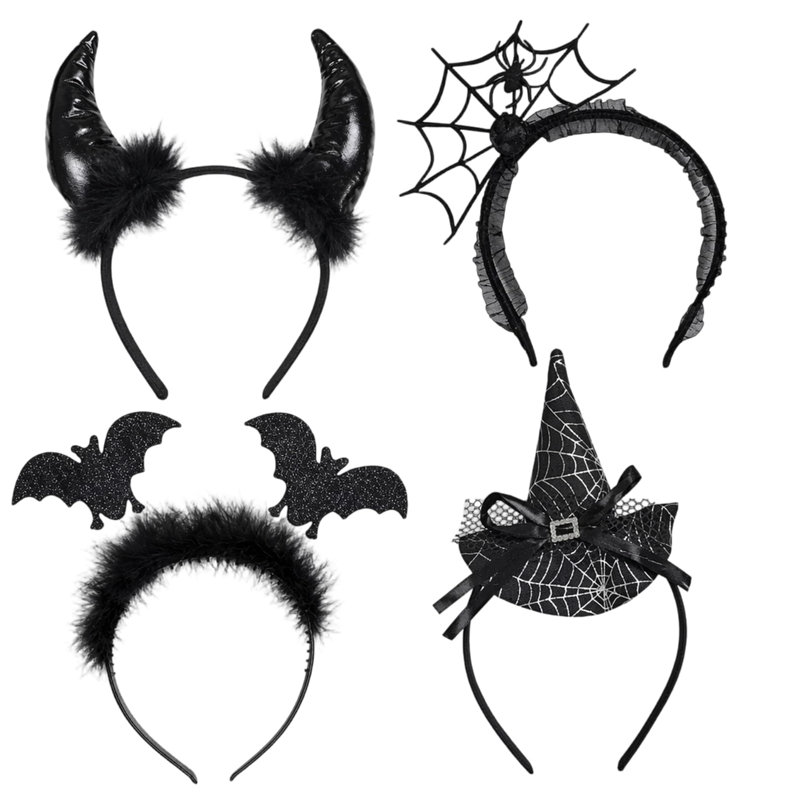 4 Pack Halloween Headbands, Spider Bat Witch Hat Devil Horns Headwear