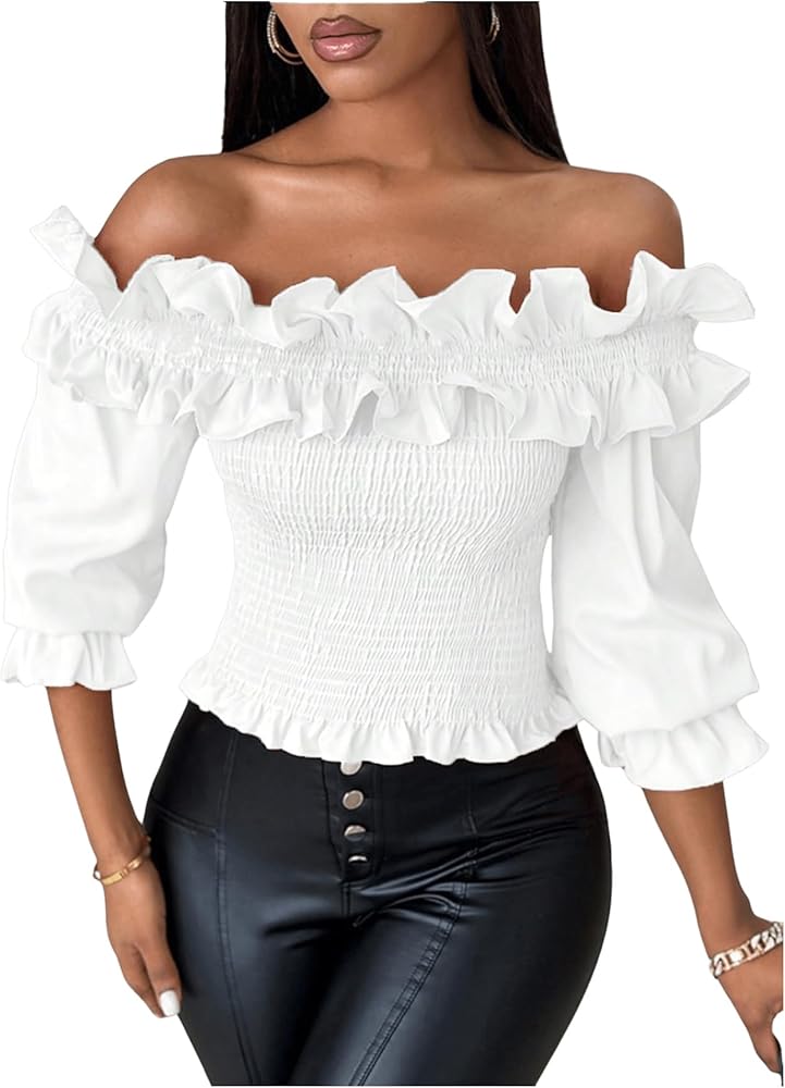 OYOANGLE Women's Off Shoulder 3/4 Sleeve Blouse Ruffle Shirred