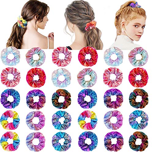WillingTee 30Pieces Shiny Metallic Scrunchies Hair Scrunchies Elastic Hair Bands Scrunchy Hair Ties Ropes for Women or Girls