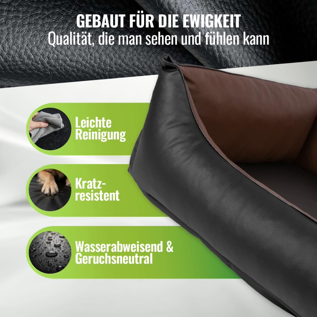 CopcoPet Hundebett Kunstleder Grosse Hunde – Waschbares Hundekissen 【Wendebett】 Hundebett Leder - Formstabiles Hundesofa - Hundekörbchen mit erhöhten Rand, Dog Bed Schwarz/Braun 110 x 90 cm