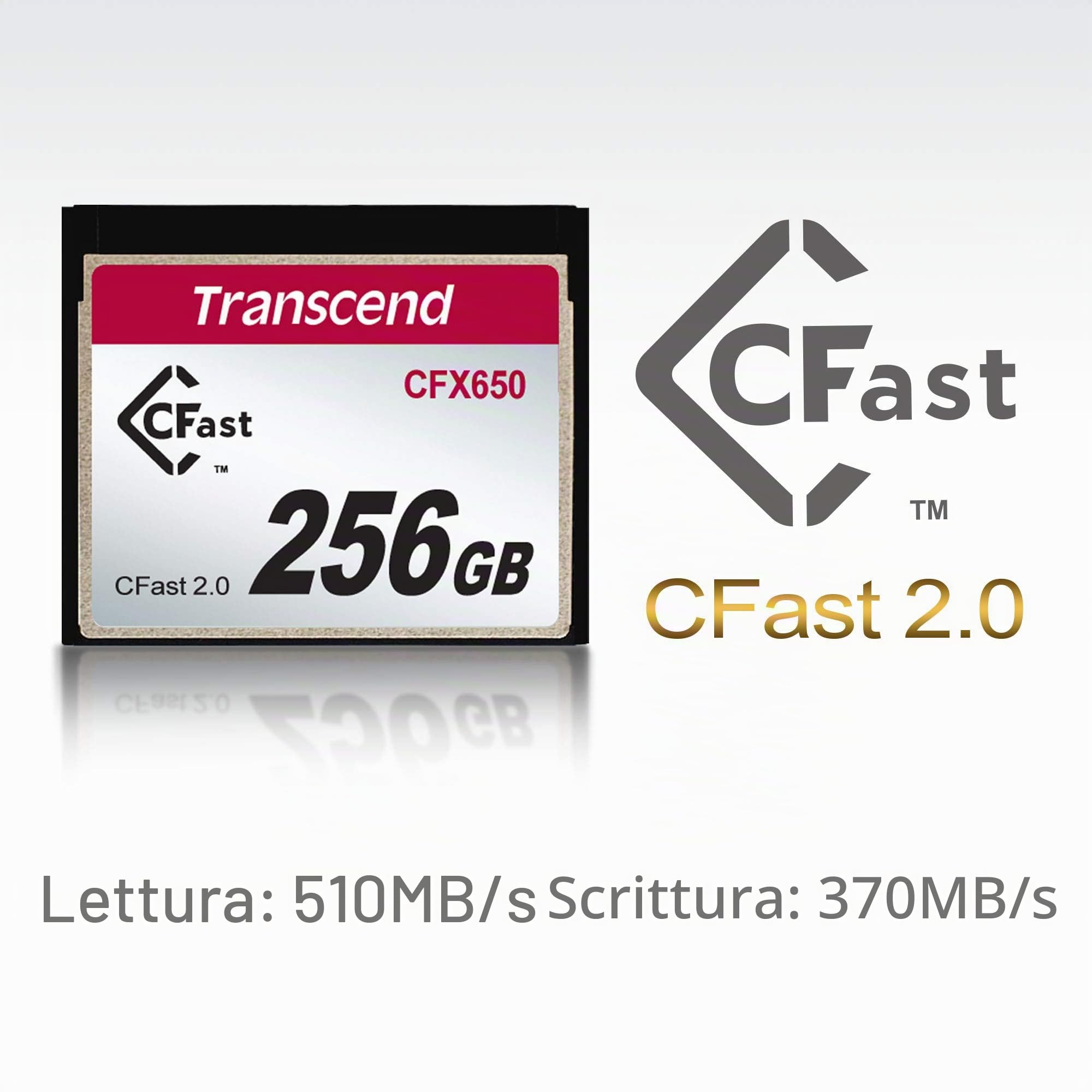 Transcend Scheda CFast 2.0 da 128 GB CFX650 SATA III 6 Gb/s, fino a 510/370 MB/s, progettata per cinematografia professionale in video ad alta risoluzione, Full HD e 4K - TS128GCFX650